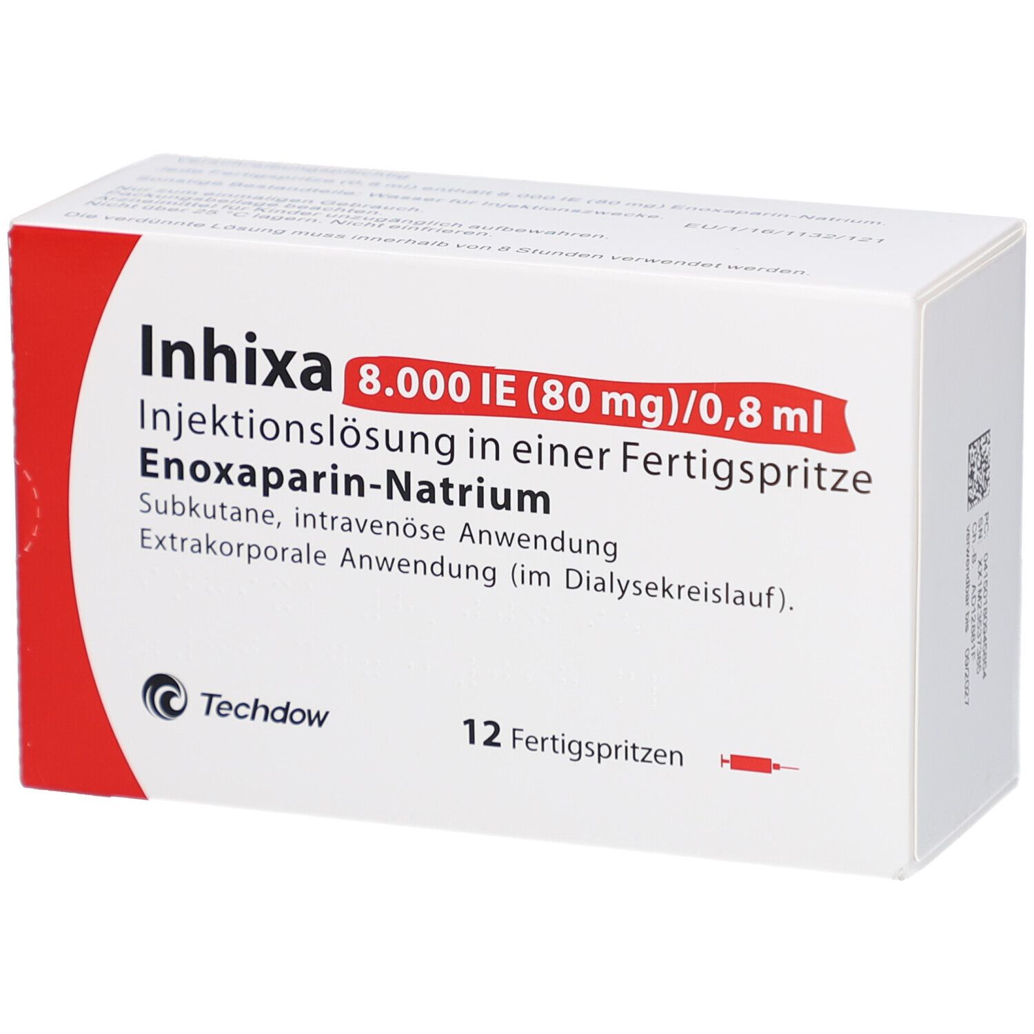 Weiße Schachtel mit roter Ecke. Aufdruck: Inhixa 8.000 IE (80 mg)/0,8 ml Injektionslösung. 12 Fertigspritzen. Techdow Logo.