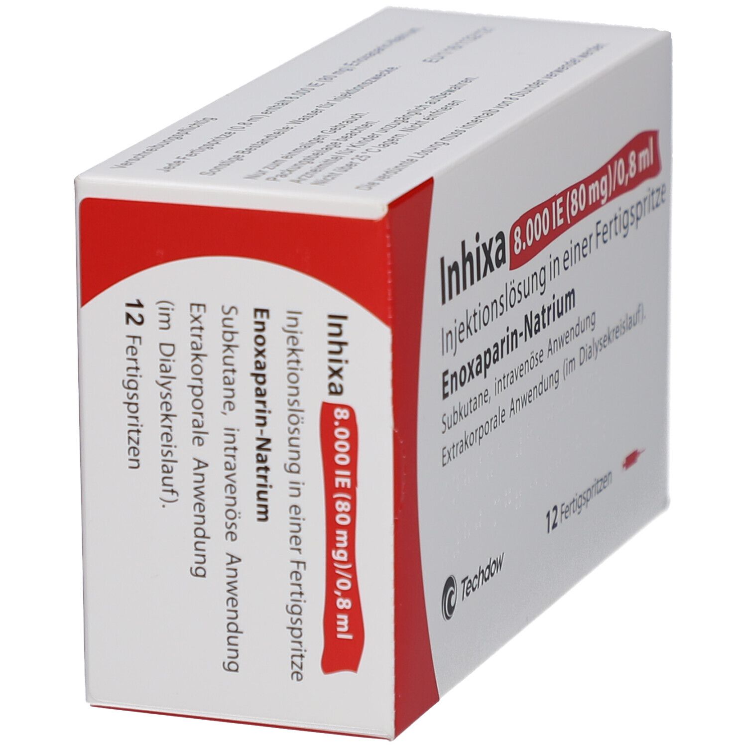 Schachtel mit rotem Akzent, schräg. Aufdruck: Inhixa 8.000 IE, Injektionslösung, 12 Fertigspritzen. Marke: Techdow.