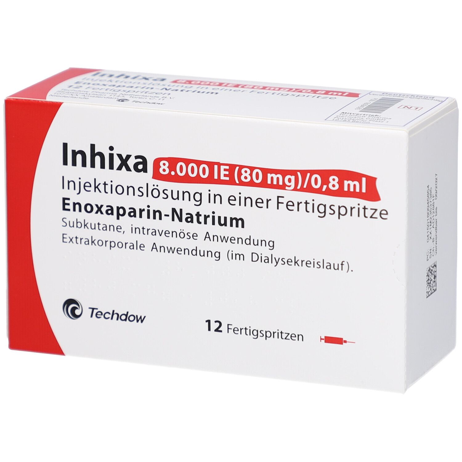 Weiße Schachtel mit rotem Akzent. Aufdruck: Inhixa 8.000 IE, Injektionslösung, 12 Fertigspritzen. Marke: Techdow.