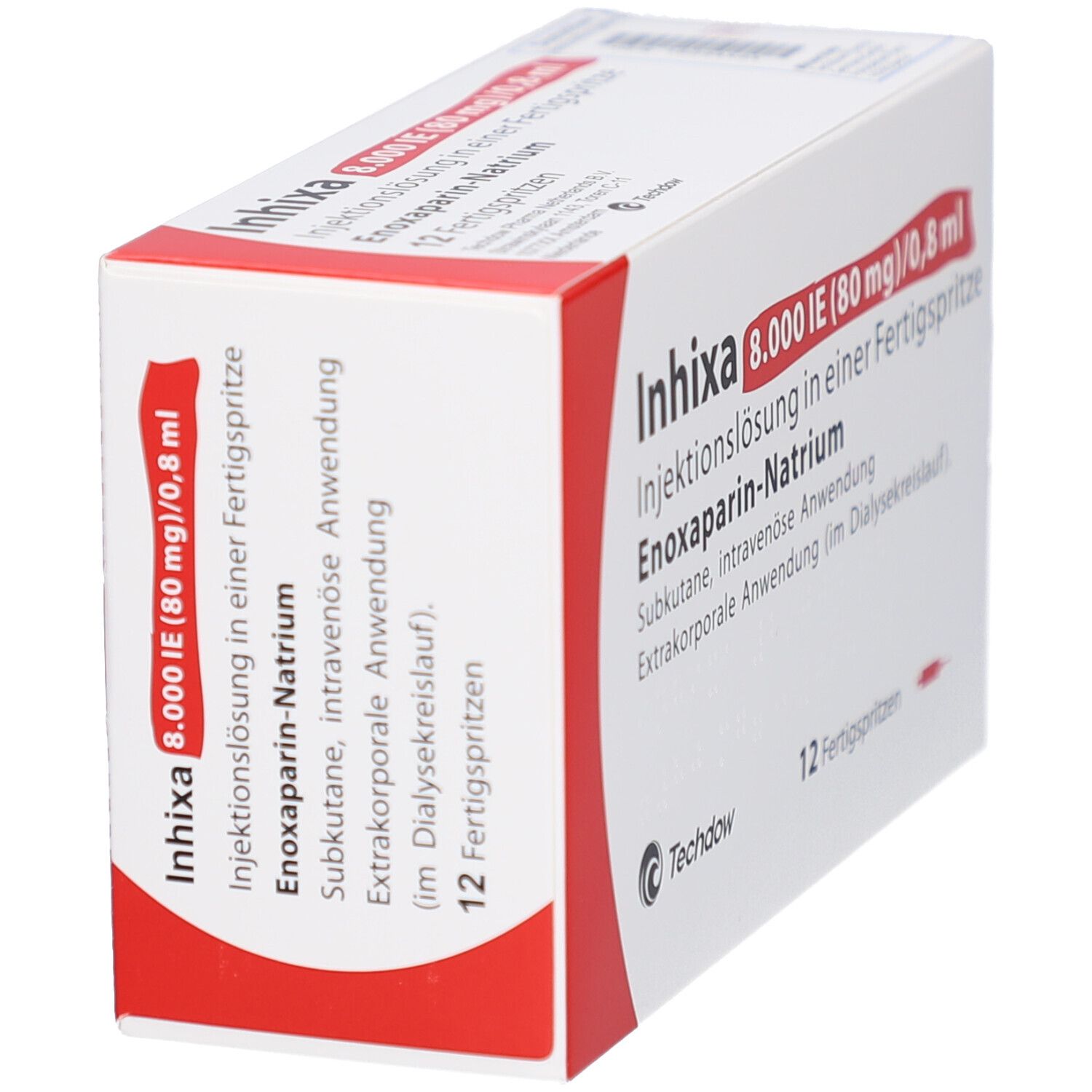 Schachtel, weiß mit roter Ecke. Aufdruck: Inhixa 8.000 IE (80 mg)/0,8 ml Injektionslösung. 12 Fertigspritzen. Techdow Logo.