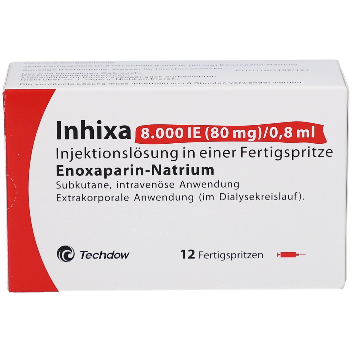 Weiße Schachtel mit rotem Akzent. Aufdruck: Inhixa 8.000 IE, Injektionslösung, 12 Fertigspritzen. Marke: Techdow.