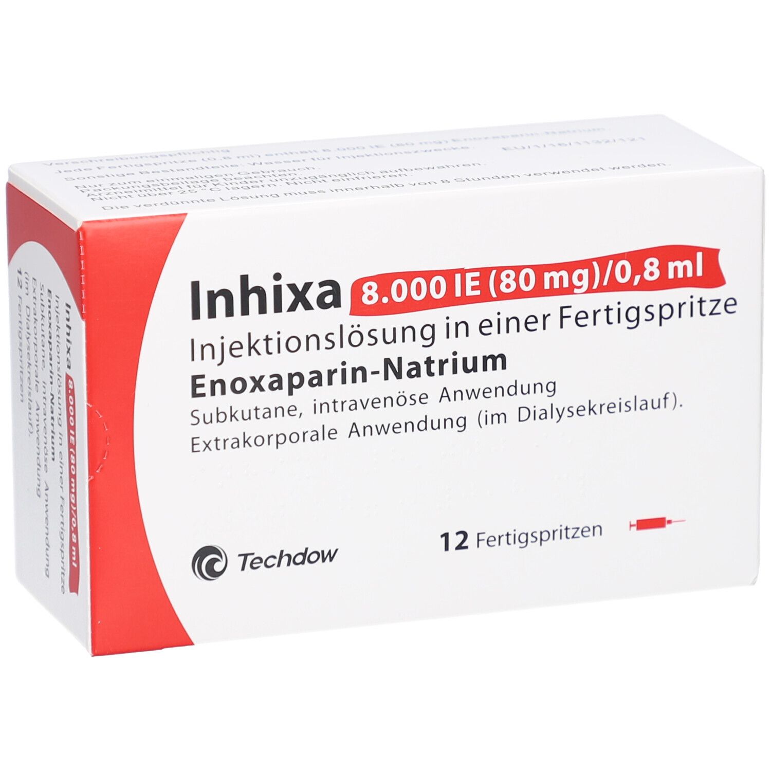 Weiße Schachtel mit roter Ecke. Aufdruck: Inhixa 8.000 IE (80 mg)/0,8 ml Injektionslösung. 12 Fertigspritzen. Techdow Logo.