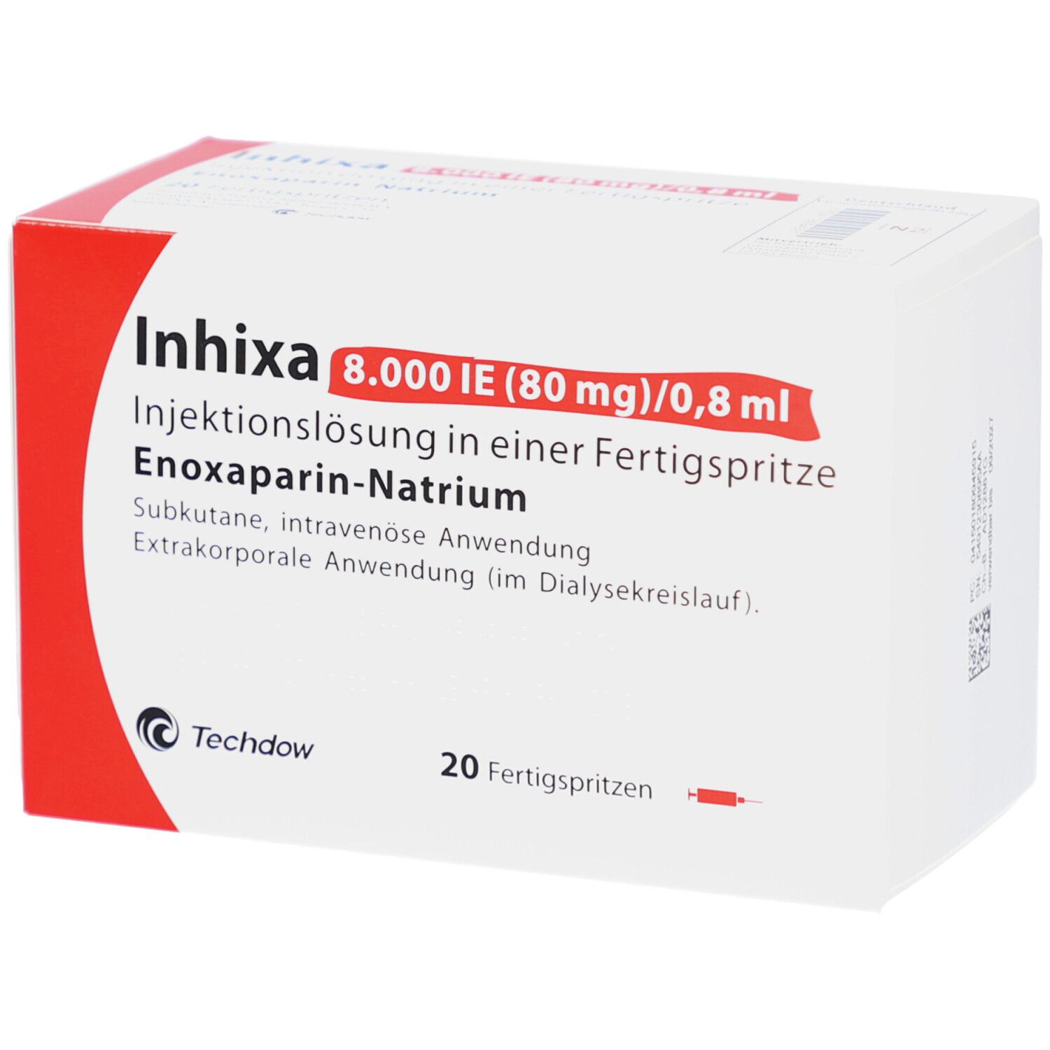 Weiße Faltschachtel mit roter Ecke. Aufdruck: Inhixa 8.000 IE (80 mg)/0,8 ml, Injektionslösung, 20 Fertigspritzen.