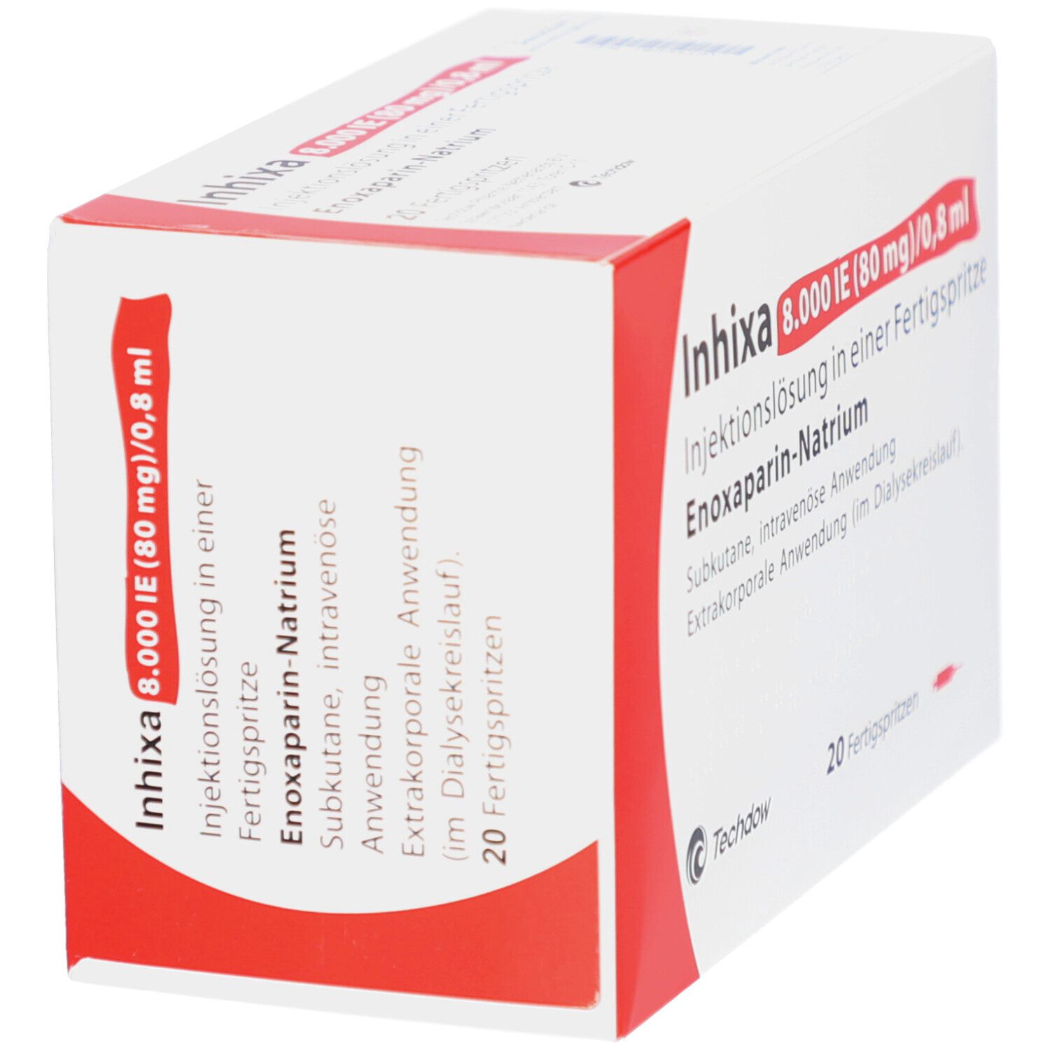 Weiße Faltschachtel mit roter Ecke. Aufdruck: Inhixa 8.000 IE (80 mg)/0,8 ml, Injektionslösung, 20 Fertigspritzen. Ansicht schräg.