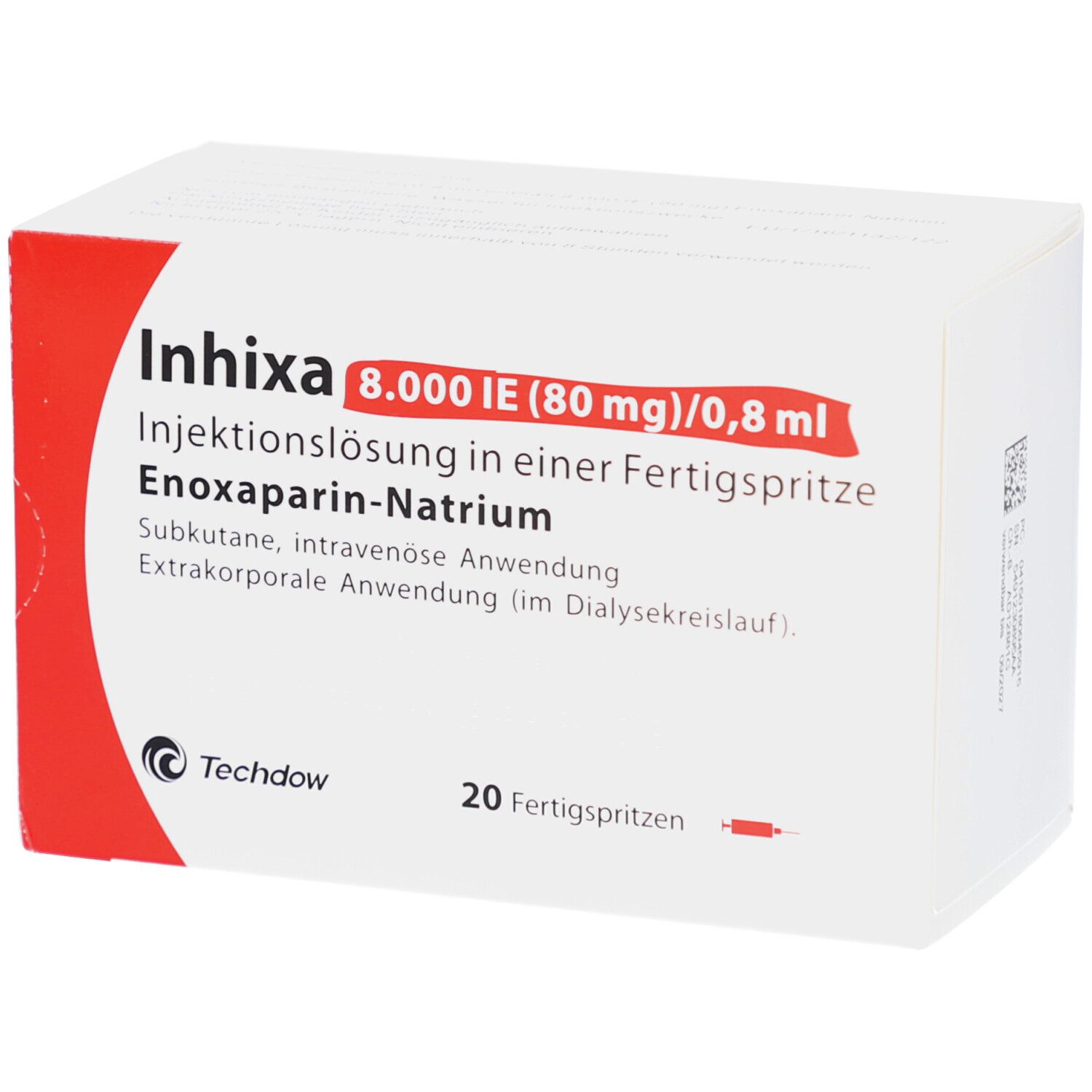 Weiße Faltschachtel mit roter Ecke. Aufdruck: Inhixa 8.000 IE (80 mg)/0,8 ml, Injektionslösung, 20 Fertigspritzen.