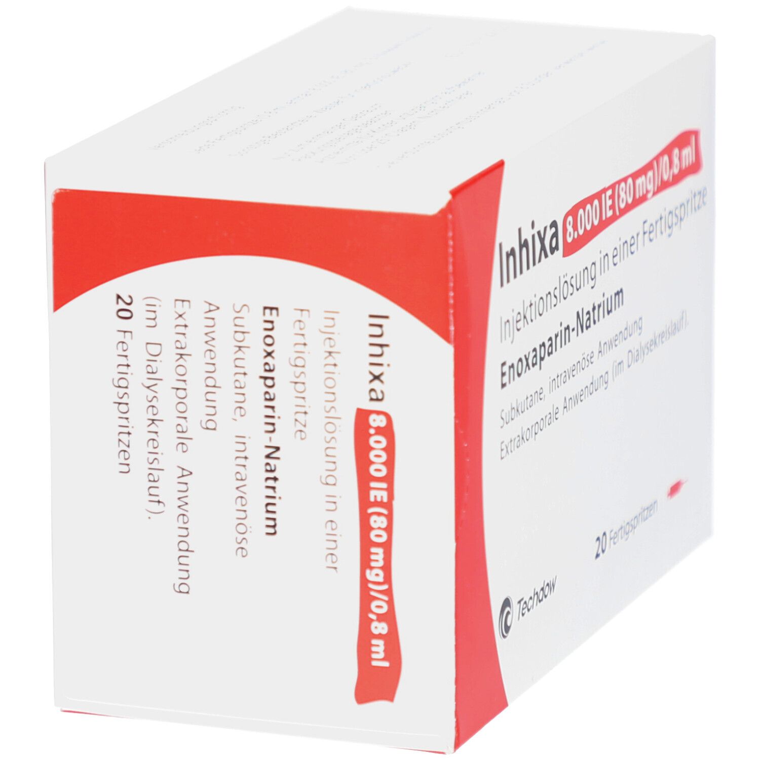 Weiße Faltschachtel mit roter Ecke. Aufdruck: Inhixa 8.000 IE (80 mg)/0,8 ml, Injektionslösung, 20 Fertigspritzen. Ansicht schräg.