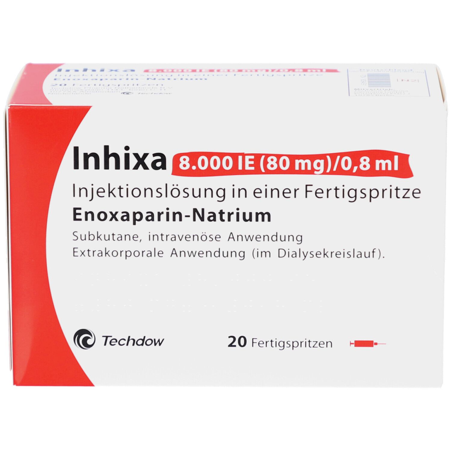 Weiße Faltschachtel mit roter Ecke. Aufdruck: Inhixa 8.000 IE (80 mg)/0,8 ml, Injektionslösung, 20 Fertigspritzen.