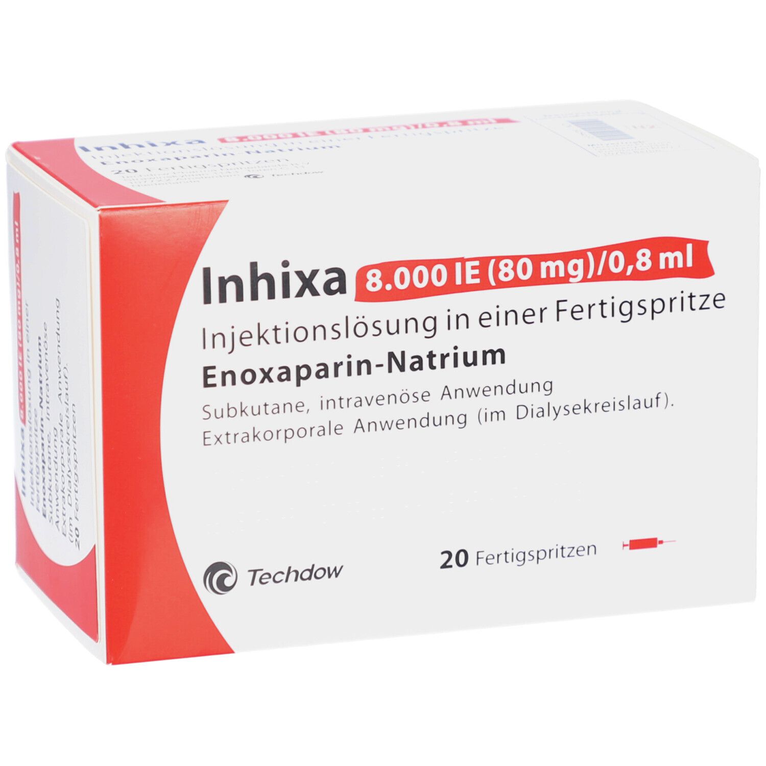 Weiße Faltschachtel mit roter Ecke. Aufdruck: Inhixa 8.000 IE (80 mg)/0,8 ml, Injektionslösung, 20 Fertigspritzen.
