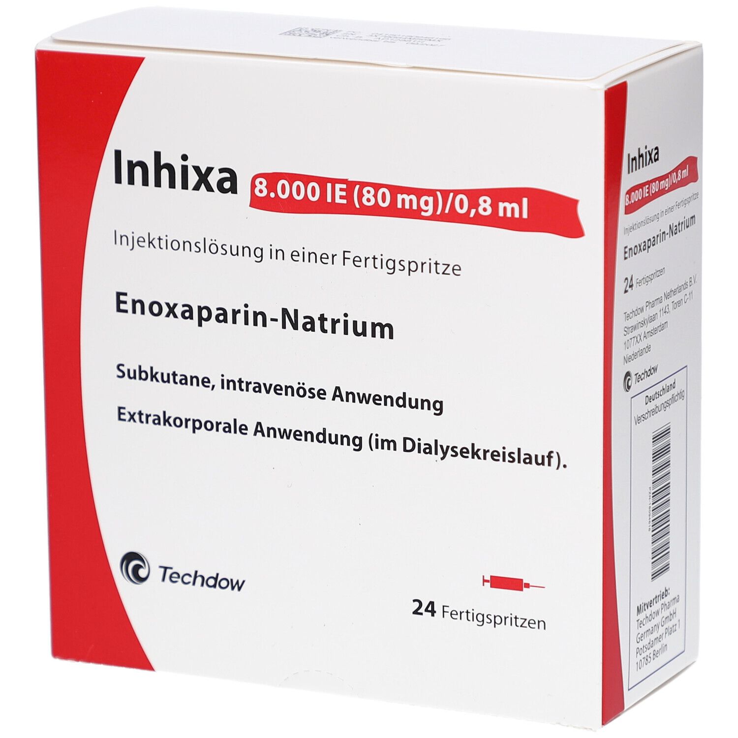 Weißer Karton mit roter Ecke. Aufschrift: Inhixa 8.000 IE (80 mg)/0,8 ml. Enoxaparin-Natrium. 24 Fertigspritzen. Techdow Logo.