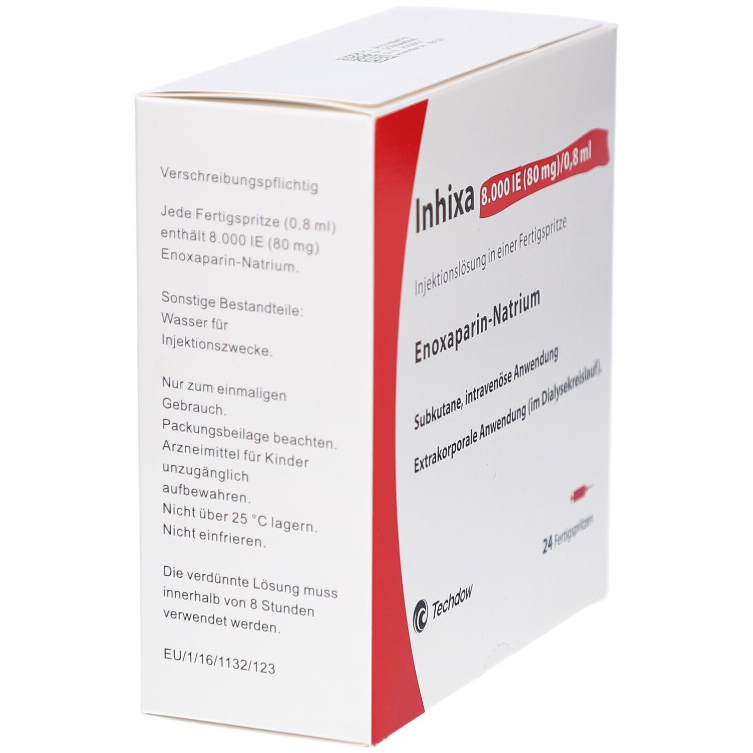 Schräg stehender weißer Karton mit roter Ecke. Aufschrift: Inhixa 8.000 IE (80 mg)/0,8 ml. Enoxaparin-Natrium. 24 Fertigspritzen. Techdow Logo.