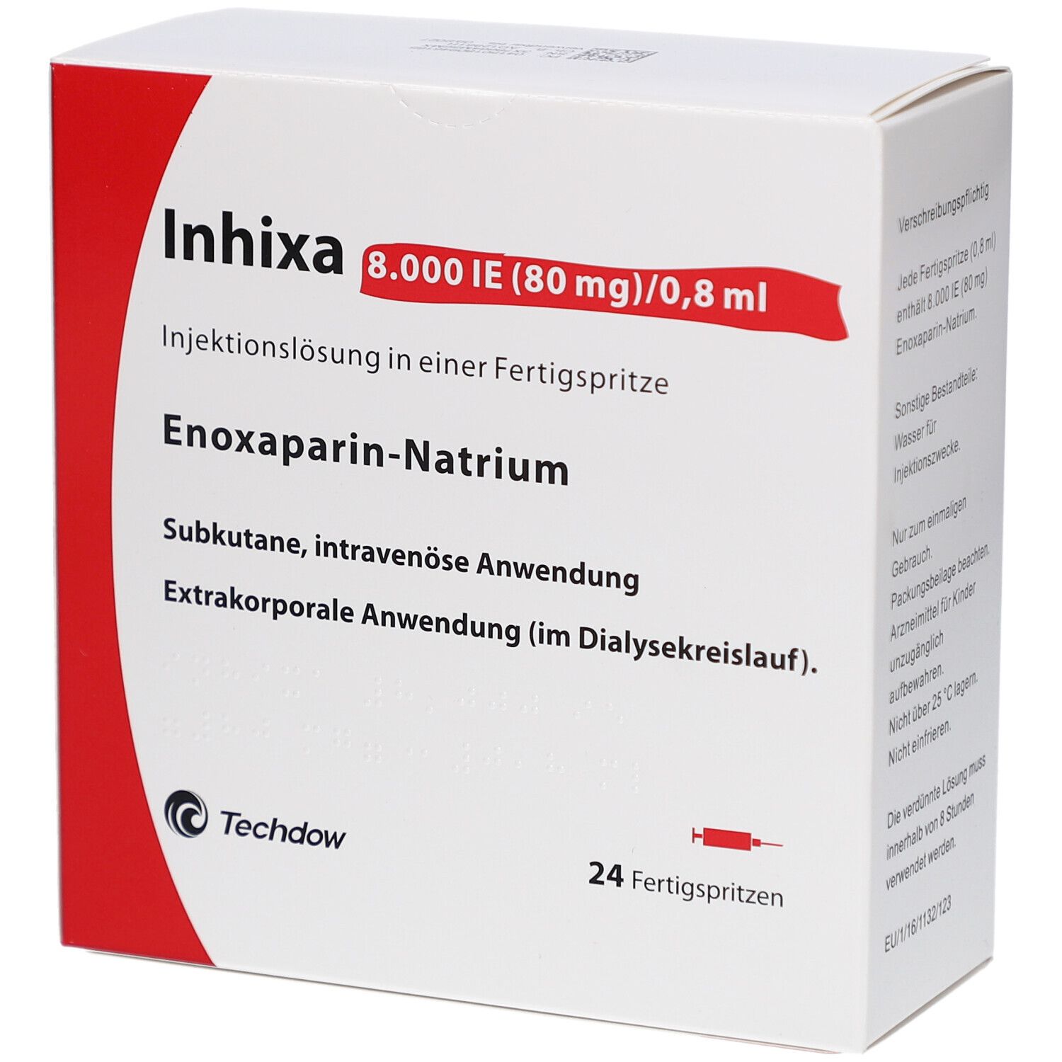 Weißer Karton mit roter Ecke. Aufschrift: Inhixa 8.000 IE (80 mg)/0,8 ml. Enoxaparin-Natrium. 24 Fertigspritzen. Techdow Logo.
