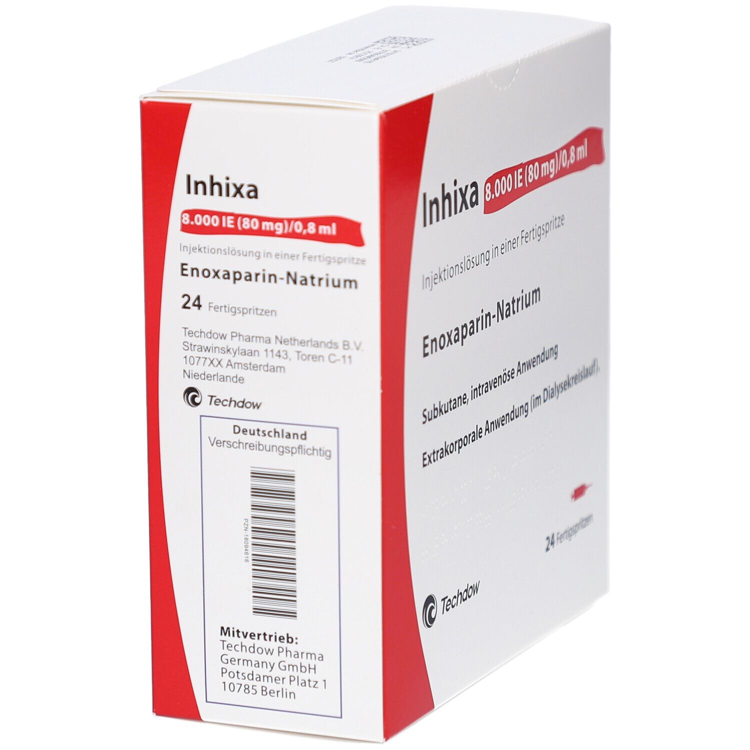 Weißer Karton mit roter Ecke. Aufschrift: Inhixa 8.000 IE (80 mg)/0,8 ml. Enoxaparin-Natrium. 24 Fertigspritzen. Techdow Logo. Rückseite mit Text.