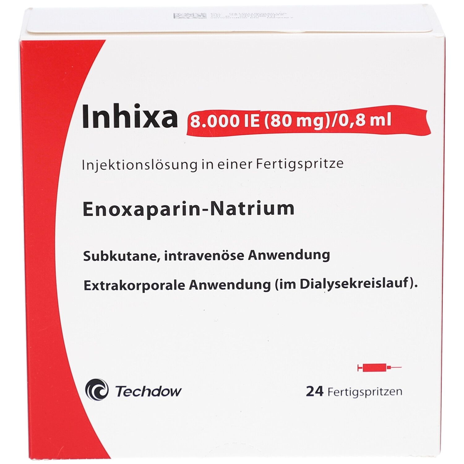 Weißer Karton mit roter Ecke. Aufschrift: Inhixa 8.000 IE (80 mg)/0,8 ml. Enoxaparin-Natrium. 24 Fertigspritzen. Techdow Logo.