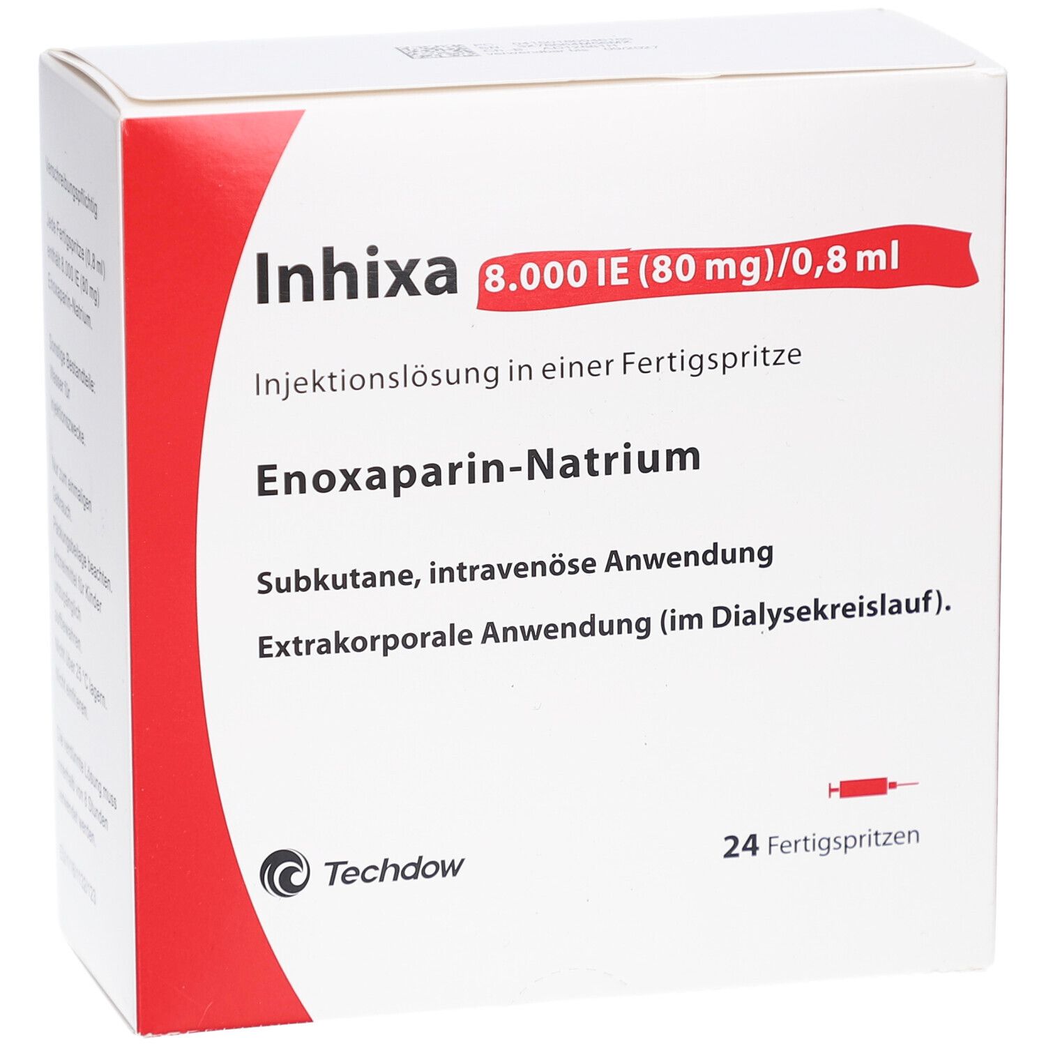 Weißer Karton mit roter Ecke. Aufschrift: Inhixa 8.000 IE (80 mg)/0,8 ml. Enoxaparin-Natrium. 24 Fertigspritzen. Techdow Logo.