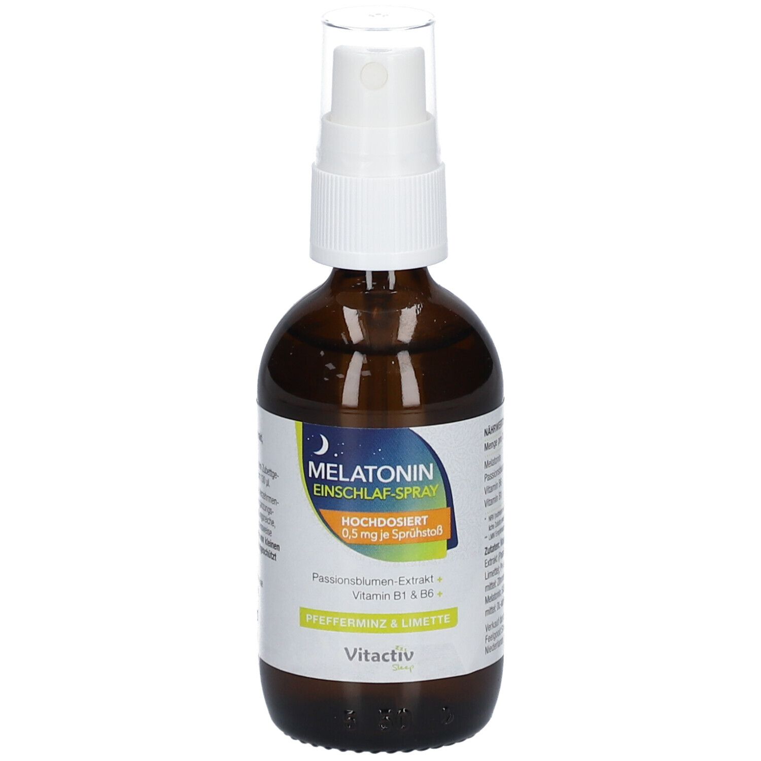 Melatonin Einschlaf-Spray. Braune Flasche mit Sprühkopf. Enthält Melatonin, Vitamin B1 & B6. Vitactiv.