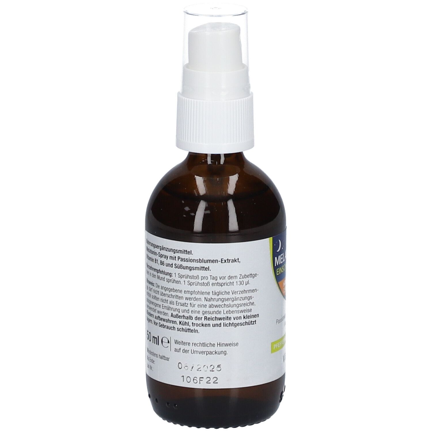 Melatonin Einschlaf-Spray. Rückseite der Flasche. Enthält Melatonin, Vitamin B1 & B6. 50 ml.