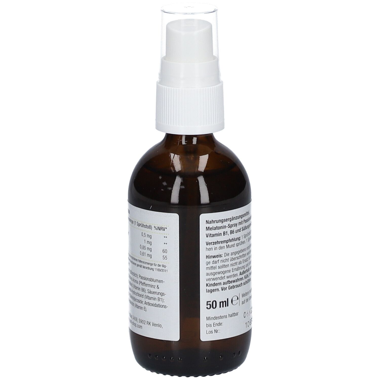 Melatonin Einschlaf-Spray. Rückseite der Flasche. Nährwertdeklaration. 50 ml. Inhaltsstoffe.