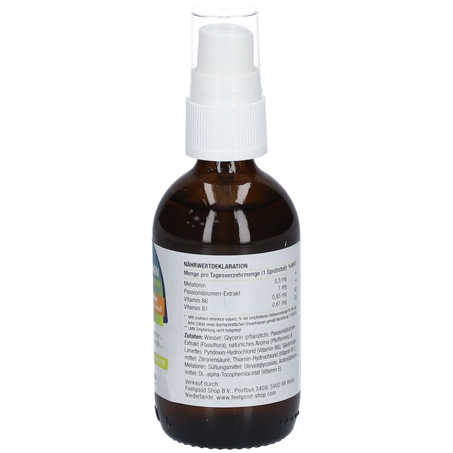 Melatonin Einschlaf-Spray. Rückseite der Flasche. Nährwertdeklaration. Inhaltsstoffe. 50 ml.