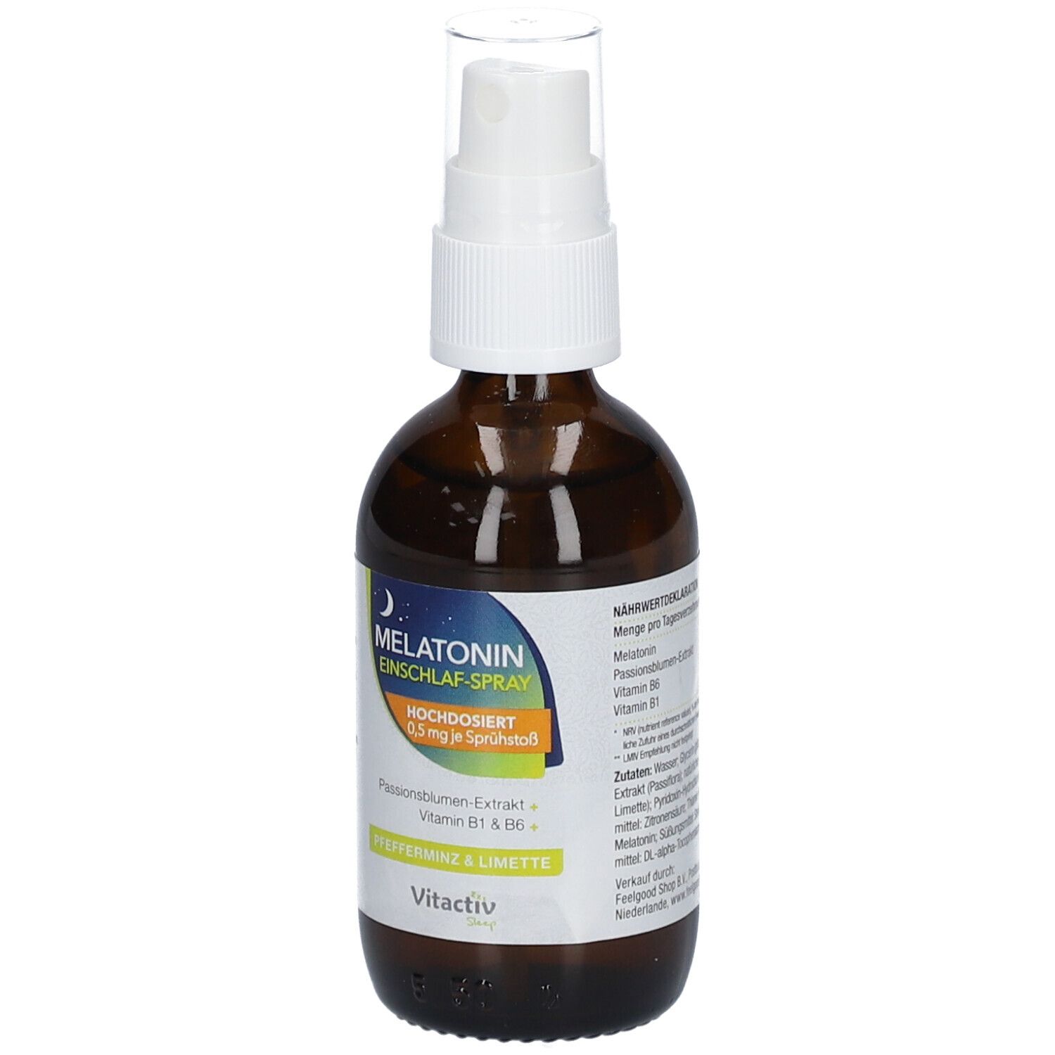 Melatonin Einschlaf-Spray. Braune Flasche mit Sprühkopf. Enthält Melatonin, Vitamin B1 & B6. Vitactiv.