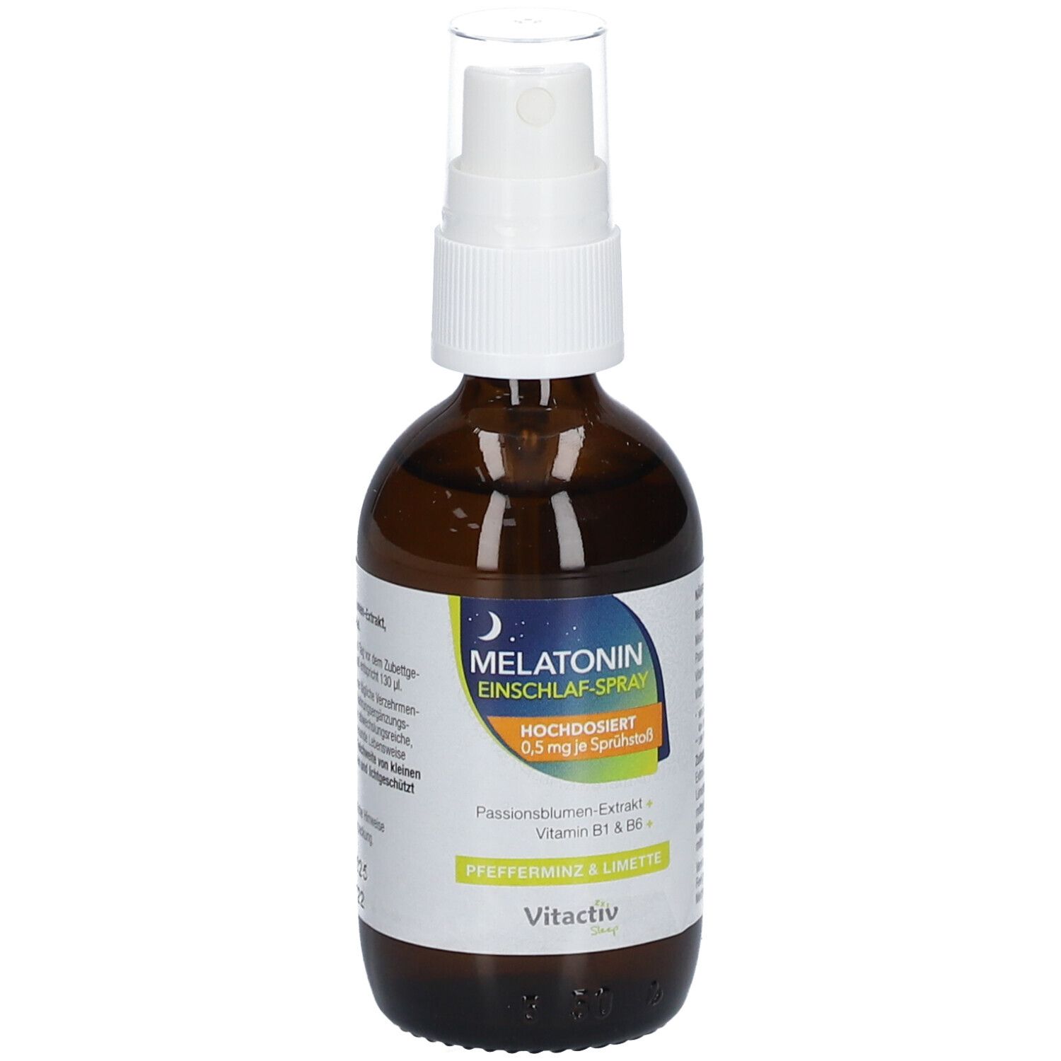 Melatonin Einschlaf-Spray. Braune Flasche mit Sprühkopf. Enthält Melatonin, Vitamin B1 & B6. Vitactiv.