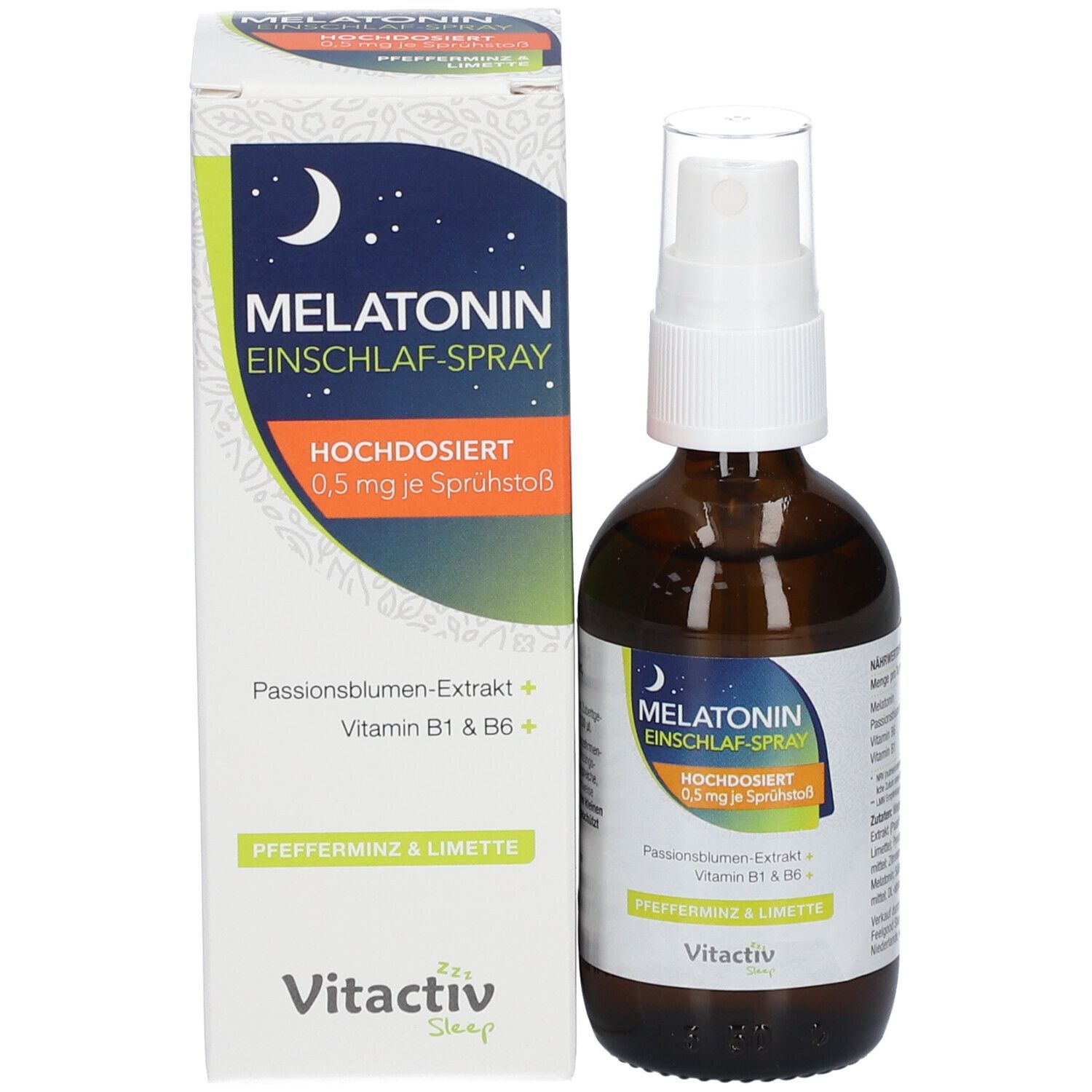 Melatonin Einschlaf-Spray. Flasche und Verpackung. Enthält Melatonin, Vitamin B1 & B6. Vitactiv.