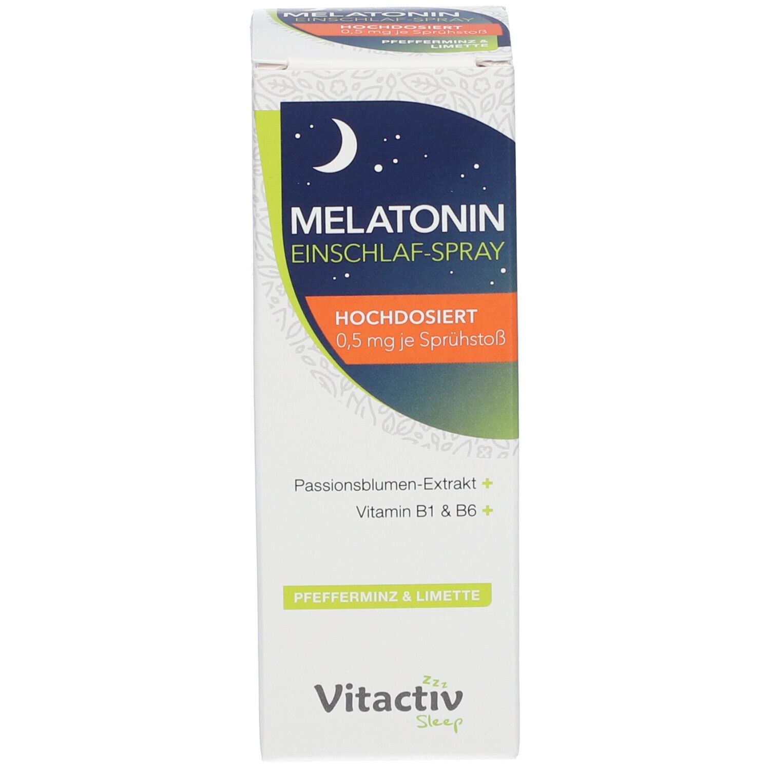 Melatonin Einschlaf-Spray. Verpackung. Enthält Melatonin, Vitamin B1 & B6. Vitactiv.