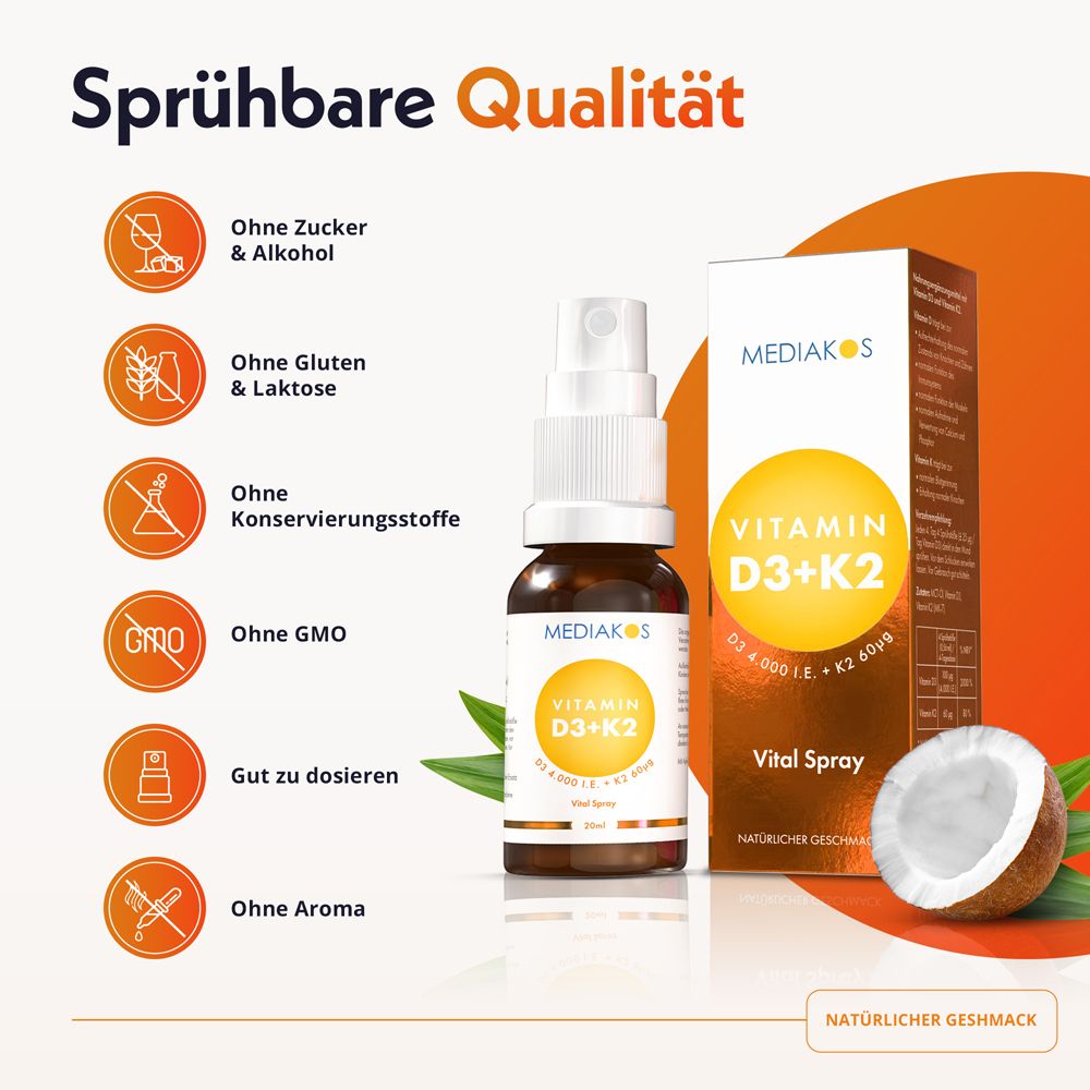 MEDIKOS Vitamin D3+K2 Vital Spray mit Karton und Vorteilen.