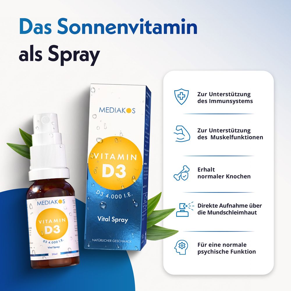 MEDiakos Vitamin D3 4.000 I.E. Vital Spray in Braunglasflasche mit Sprühkopf.