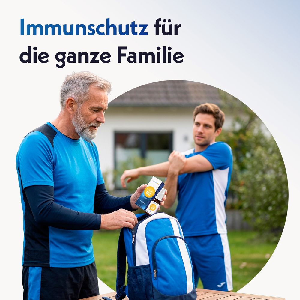 MEDiakos Vitamin D3 Spray umgeben von Icons: Ohne Zucker, Ohne GMO, Ohne Gluten, Ohne Konservierungsstoffe, Ohne Laktose, Frei von Aromen und Farbstoffen.
