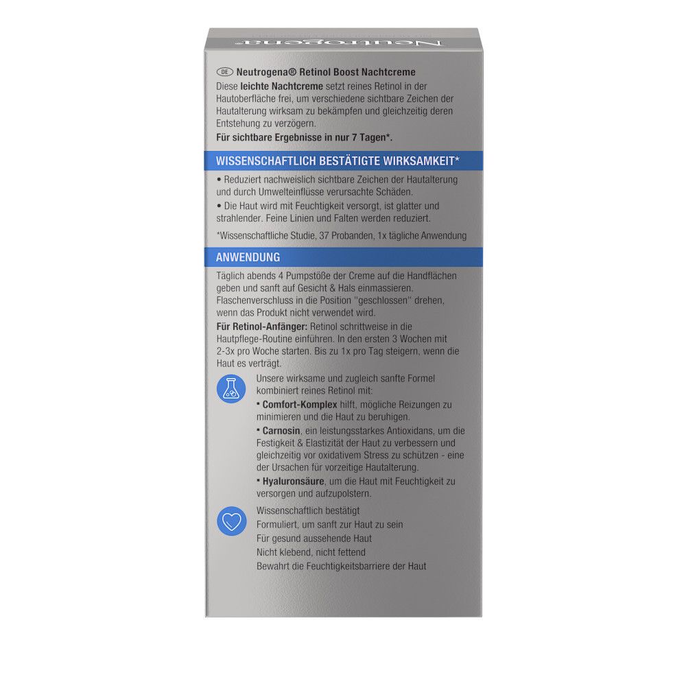 Neutrogena Retinol Boost Nachtcreme. Verpackung mit Produkt. Text: Spendet Feuchtigkeit, glattere Haut über Nacht.