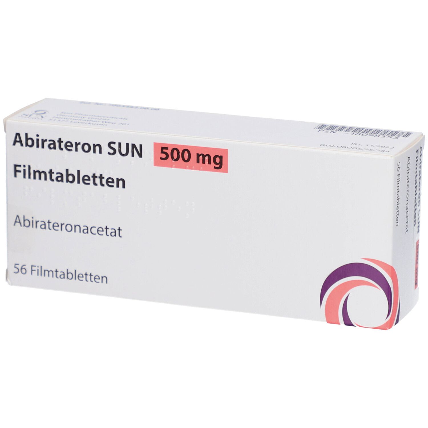 Weiße Schachtel mit Aufschrift 'Abirateron SUN 500 mg Filmtabletten'. Enthält 56 Filmtabletten. Logo.