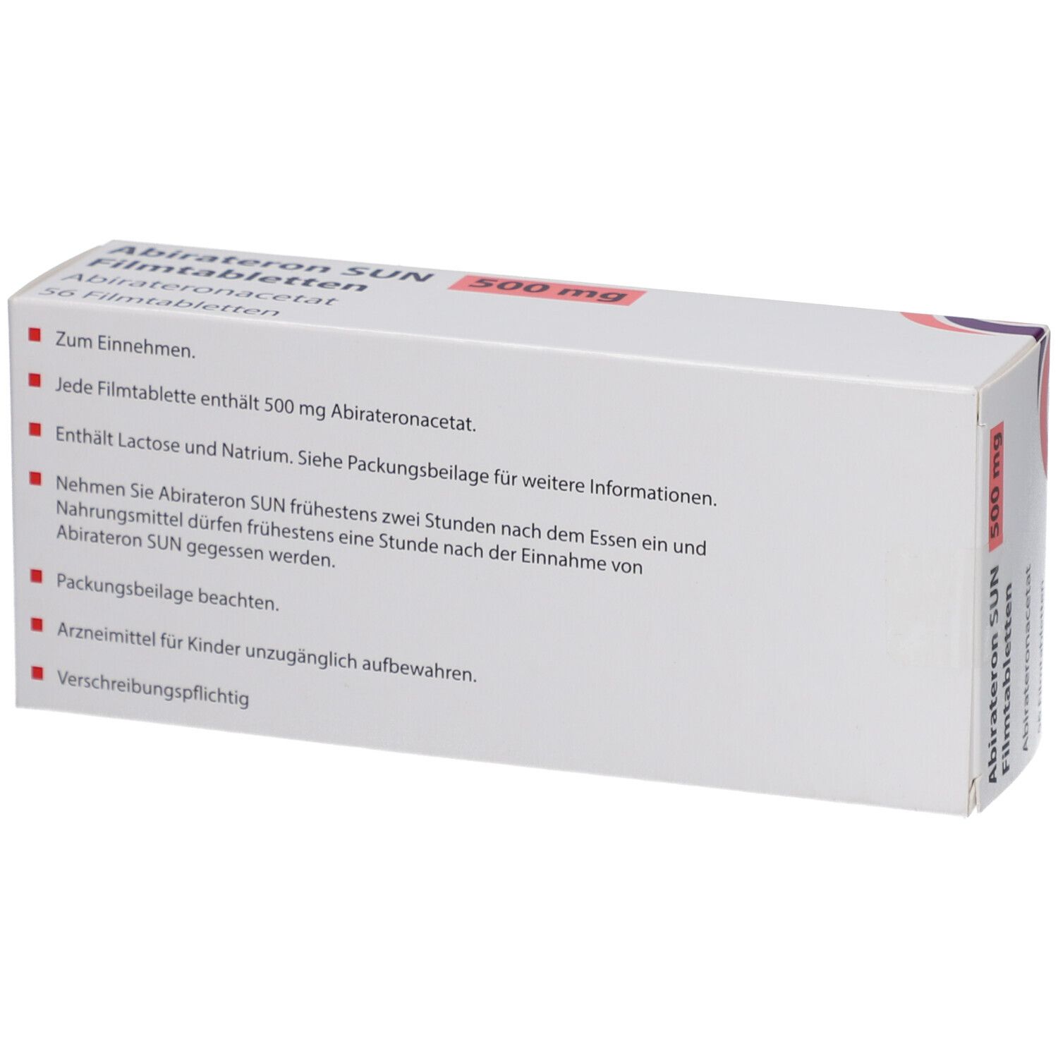 Rückseite der Schachtel 'Abirateron SUN 500 mg Filmtabletten' mit Text. Enthält Informationen zur Anwendung und Inhaltsstoffen.
