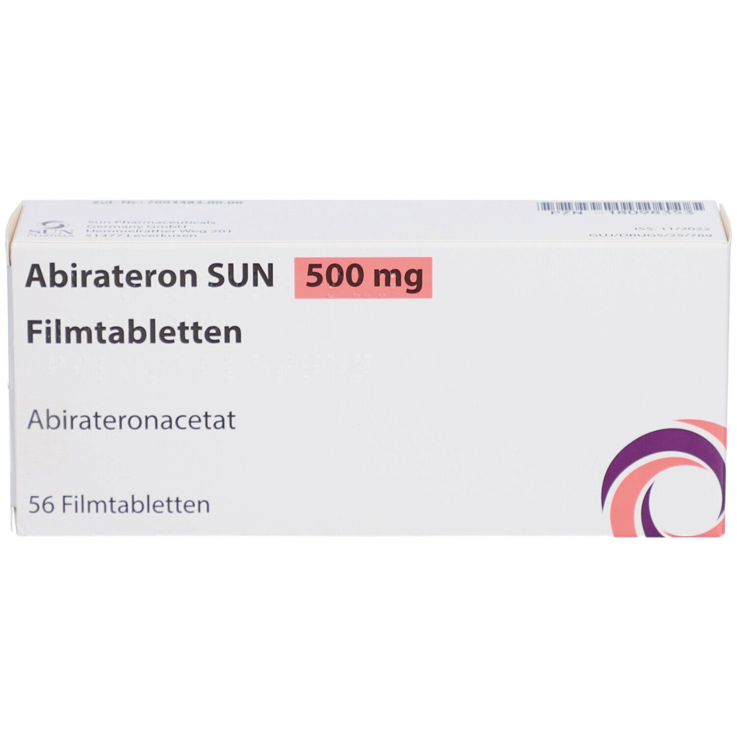 Weiße Schachtel mit Aufschrift 'Abirateron SUN 500 mg Filmtabletten'. Enthält 56 Filmtabletten. Logo.