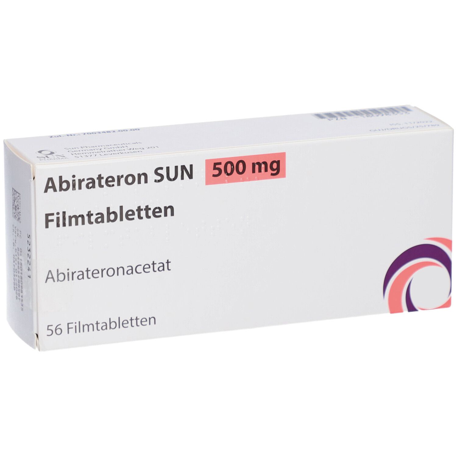 Weiße Schachtel mit Aufschrift 'Abirateron SUN 500 mg Filmtabletten'. Enthält 56 Filmtabletten. Logo.