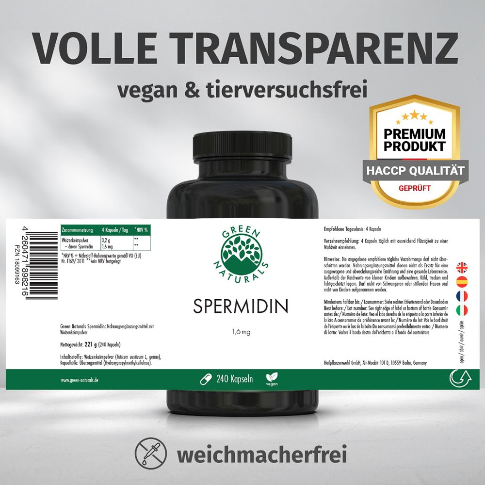 Dose Spermidin mit Etikett. Links: Barcode. Rechts: Siegel für Premium Produkt, HACCP Qualität geprüft. Text: Volle Transparenz, vegan & tierversuchsfrei.