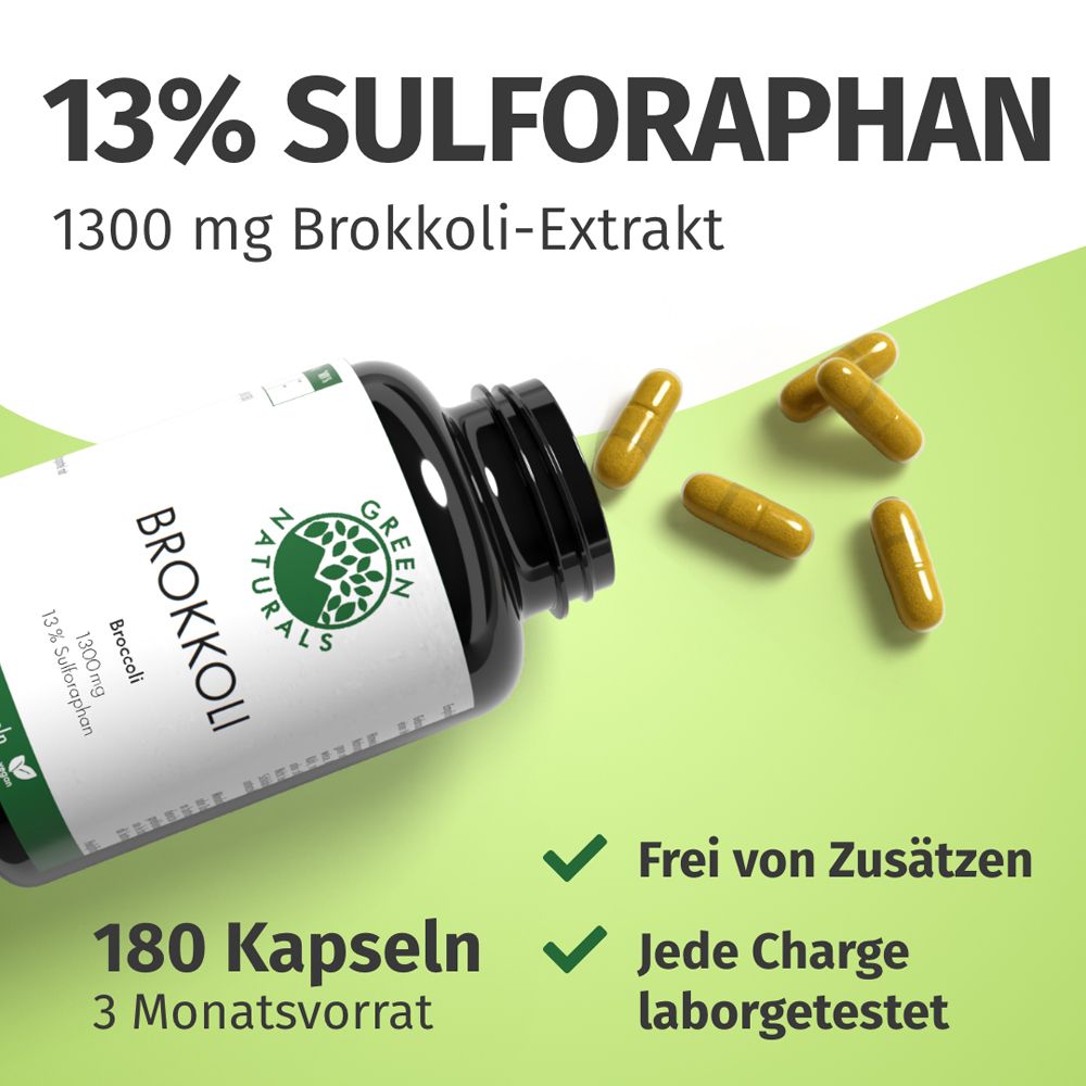 Kapseln und Flasche. Text: 13% SULFORAPHAN, 1300 mg Brokkoli-Extrakt, 180 Kapseln, 3 Monatsvorrat. Frei von Zusätzen, laborgetestet.