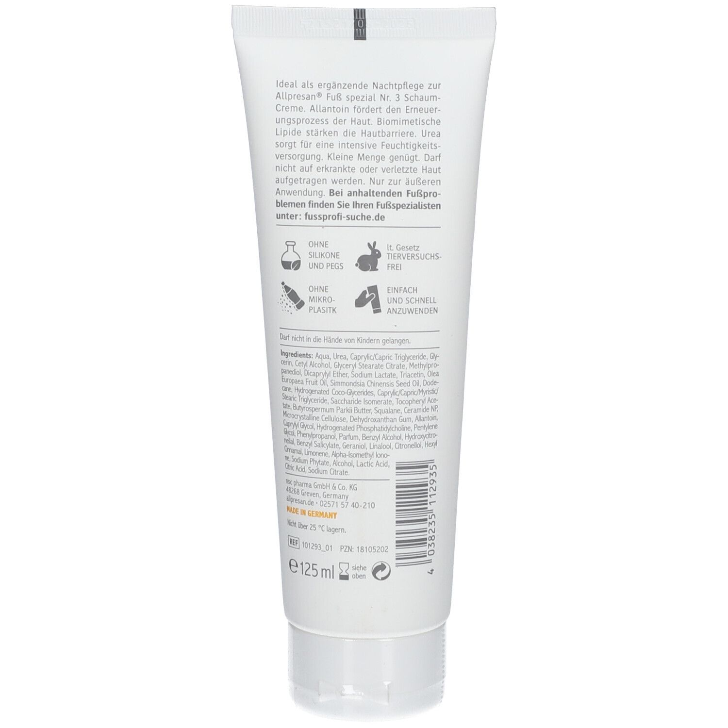 Rückseite einer weißen Tube Allpresan Fuß spezial Lipid-Creme. Text in mehreren Sprachen. Enthält Informationen zu Inhaltsstoffen und Hersteller.