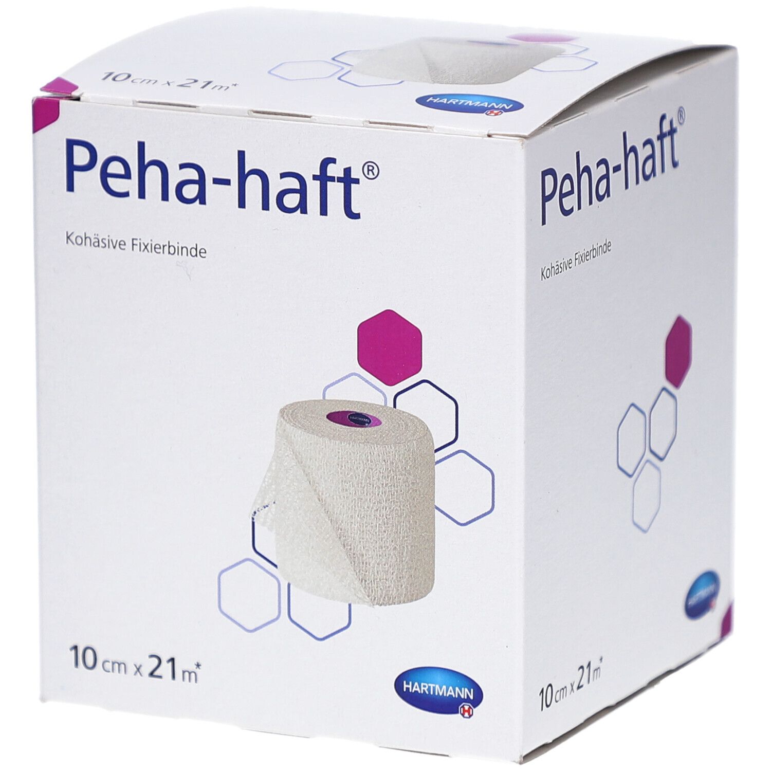Verpackung von Peha-haft® Fixierbinde. Rolle der Fixierbinde sichtbar. Größe: 10 cm x 21 m. Marke: Hartmann.