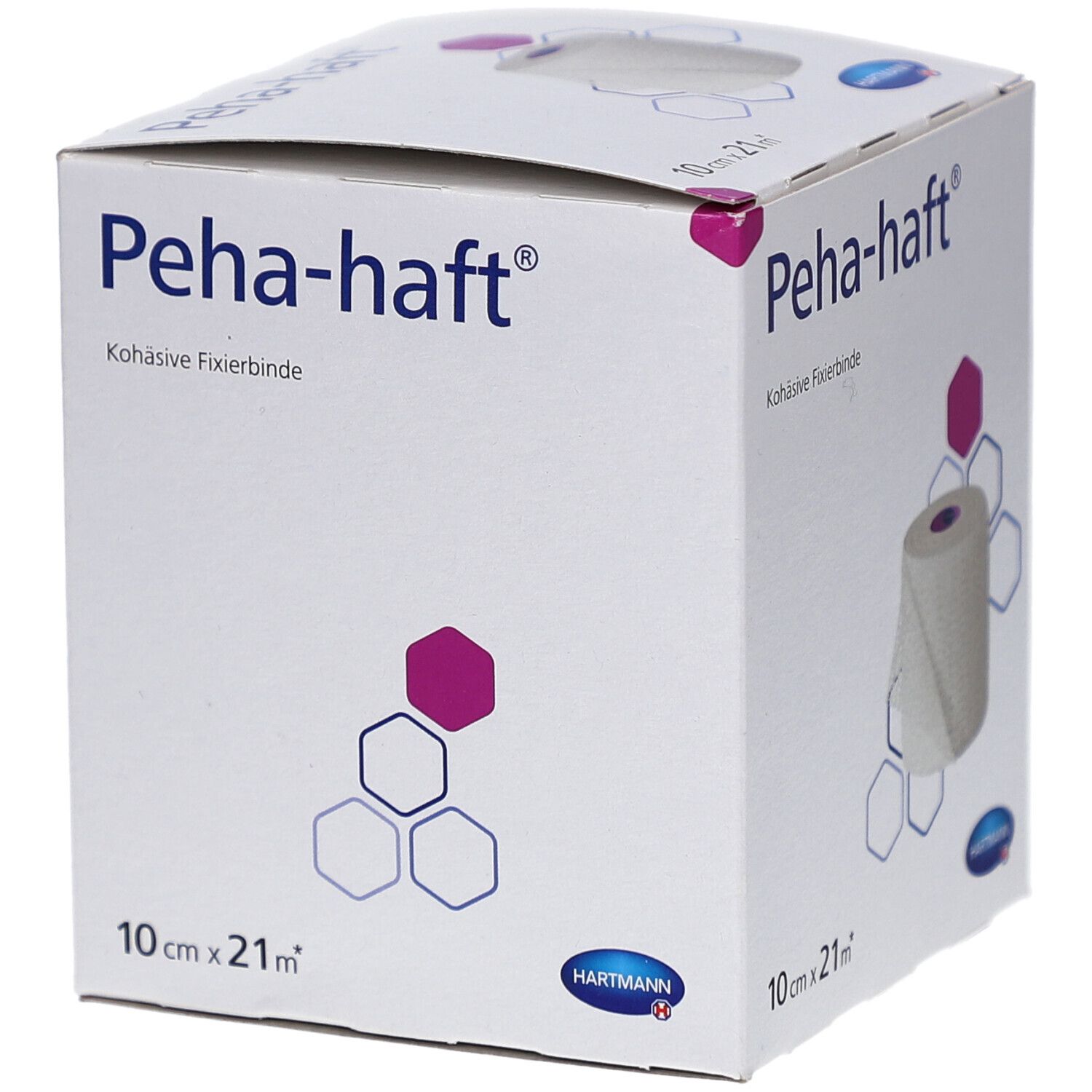 Verpackung von Peha-haft® Fixierbinde. Rolle der Fixierbinde sichtbar. Größe: 10 cm x 21 m. Marke: Hartmann.