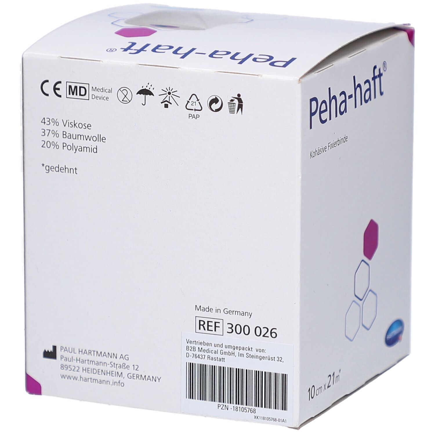 Rückseite der Peha-haft® Fixierbinde Verpackung. Enthält Informationen zu Inhaltsstoffen, Hersteller und Zertifizierungen.