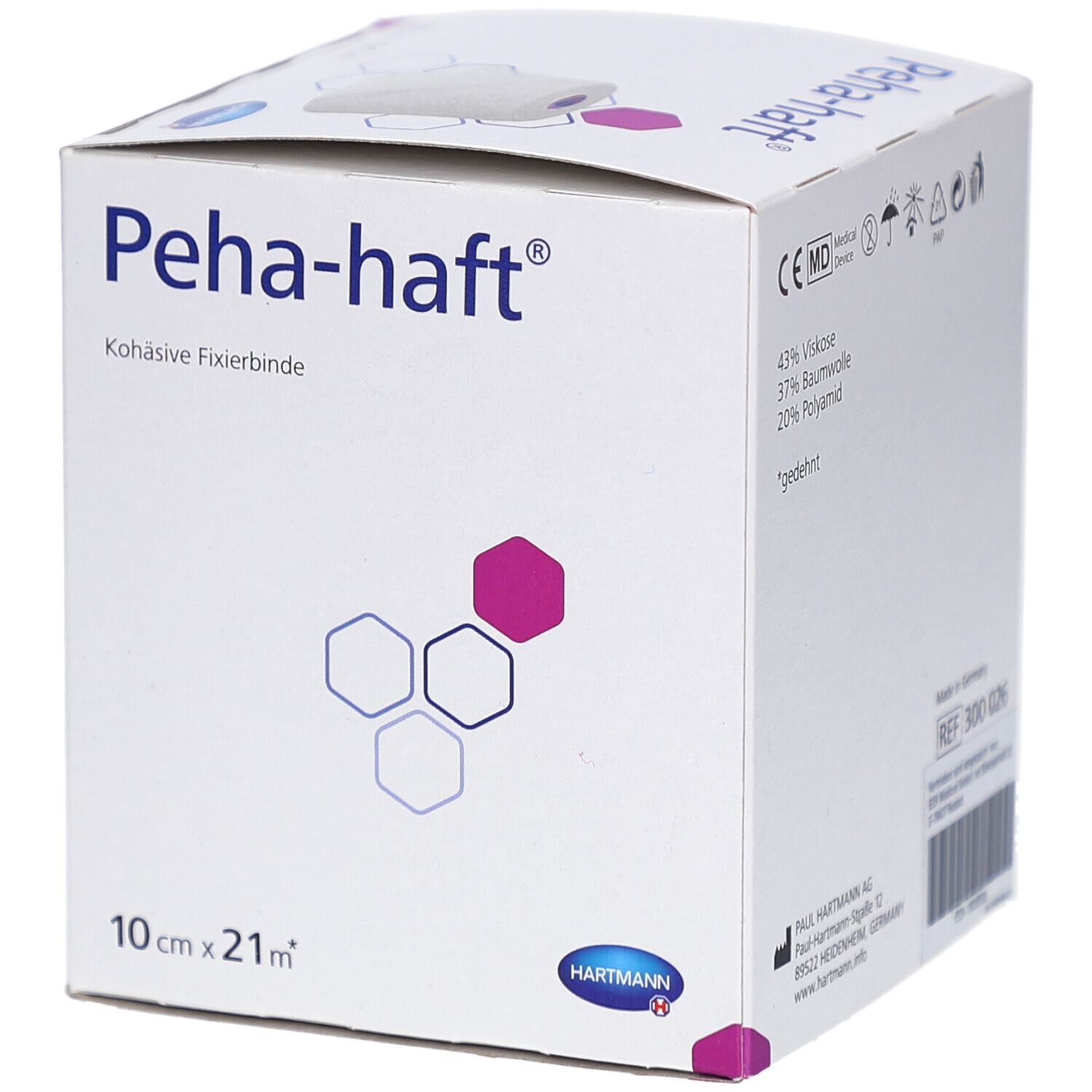 Verpackung von Peha-haft® Fixierbinde. Größe: 10 cm x 21 m. Marke: Hartmann. Enthält Informationen zu Inhaltsstoffen.