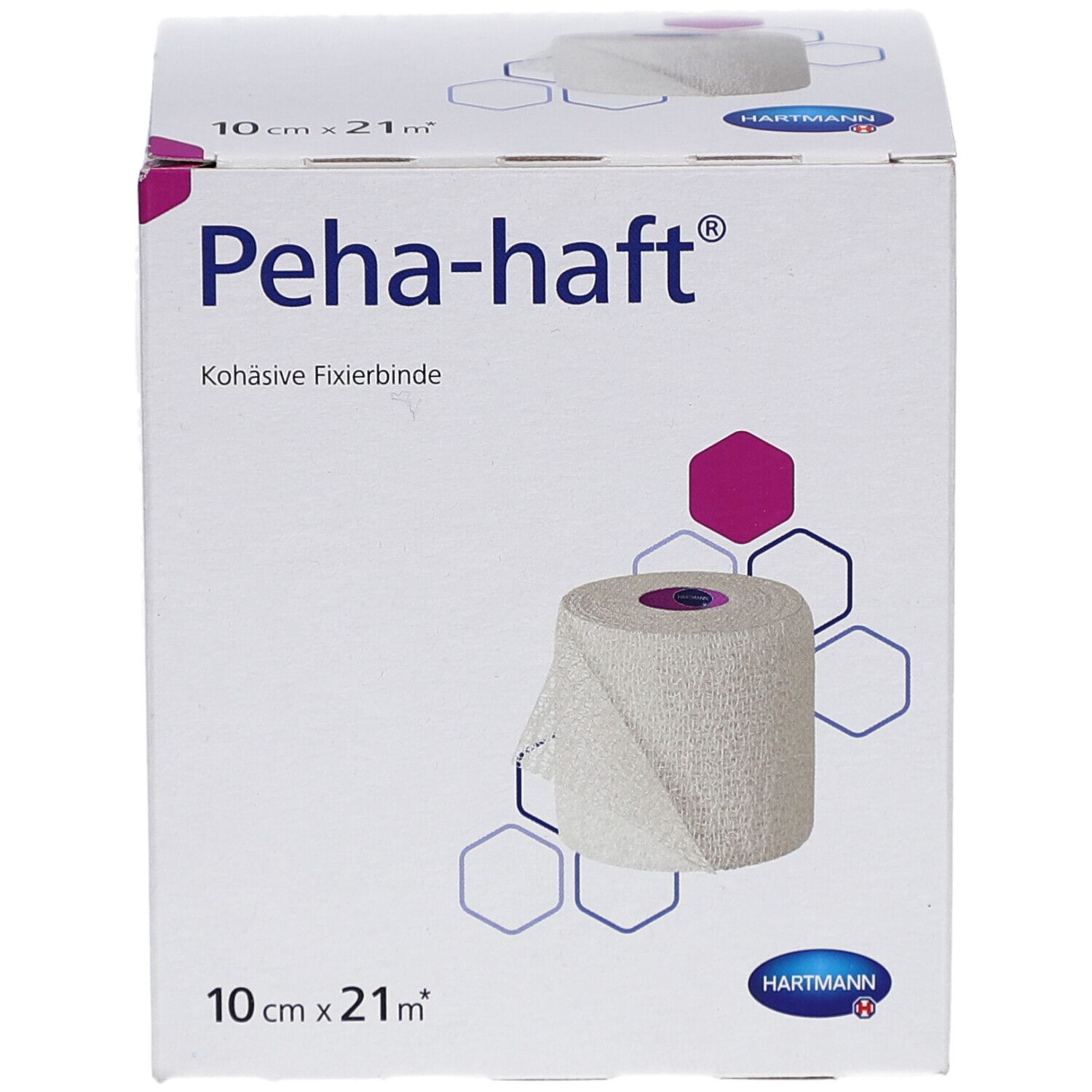 Verpackung von Peha-haft® Fixierbinde. Rolle der Fixierbinde sichtbar. Größe: 10 cm x 21 m. Marke: Hartmann.