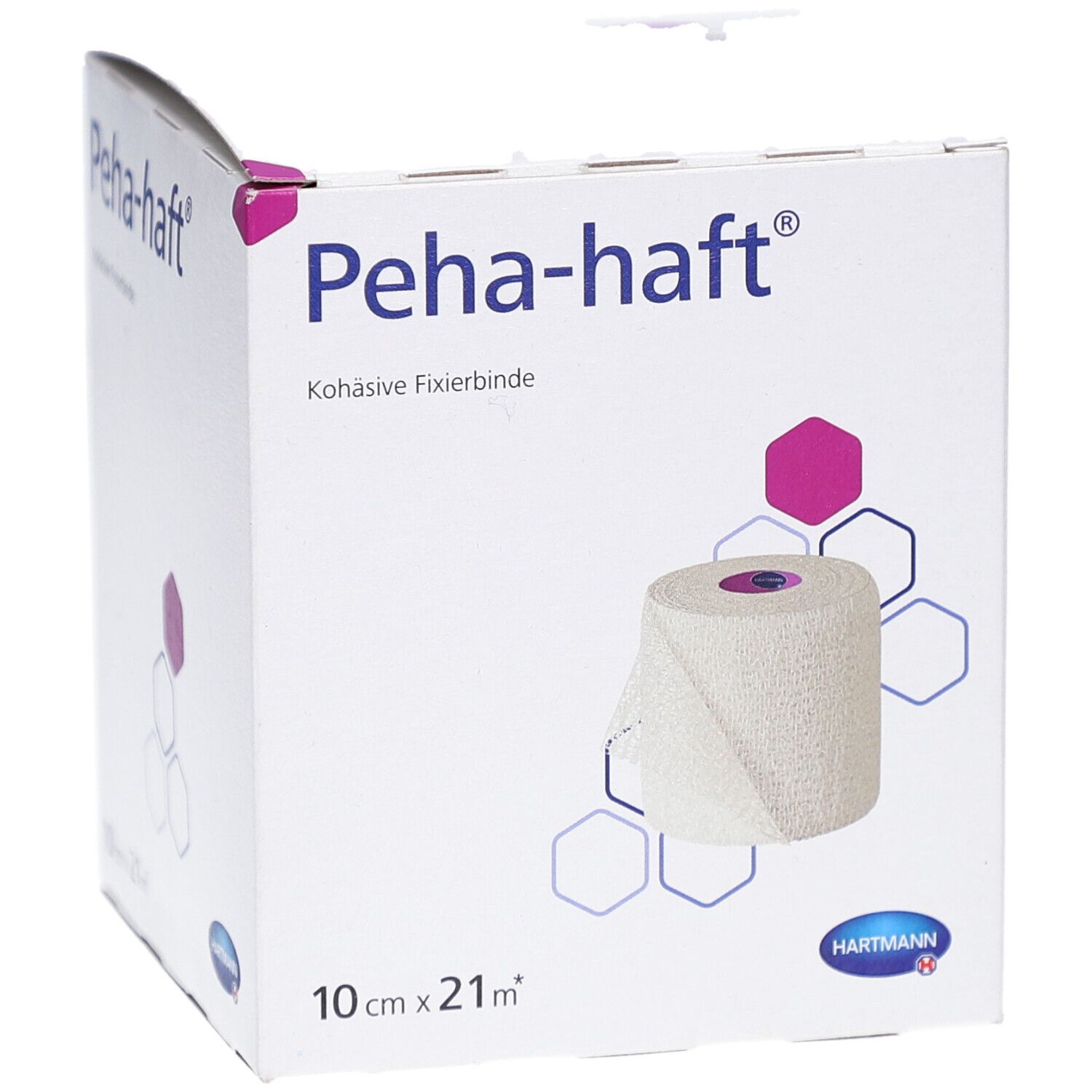 Verpackung von Peha-haft® Fixierbinde. Rolle der Fixierbinde sichtbar. Größe: 10 cm x 21 m. Marke: Hartmann.