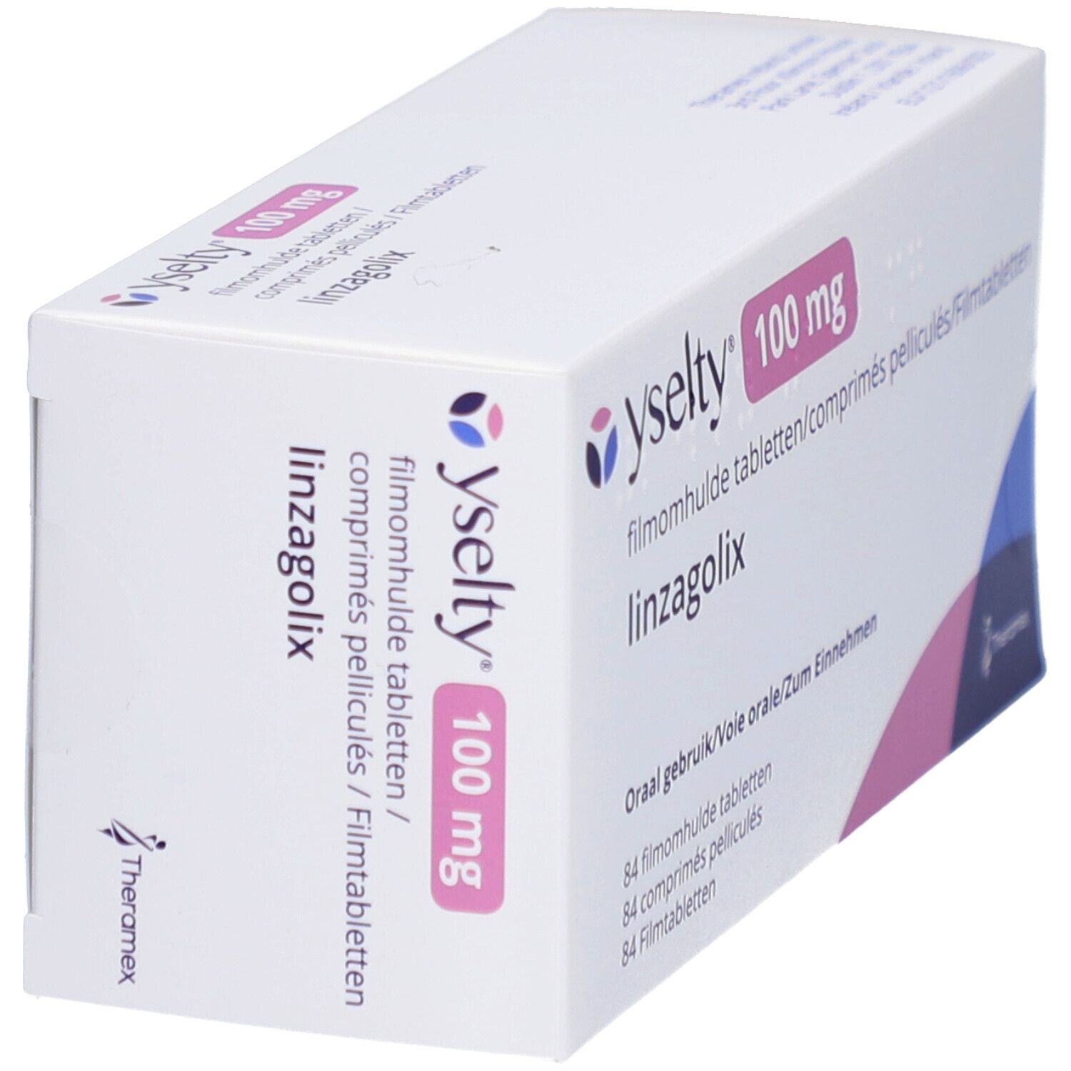 Schachtel Yselty 100 mg Filmtabletten, schräg. Rosa und blaue Designelemente. Mehrsprachiger Text.