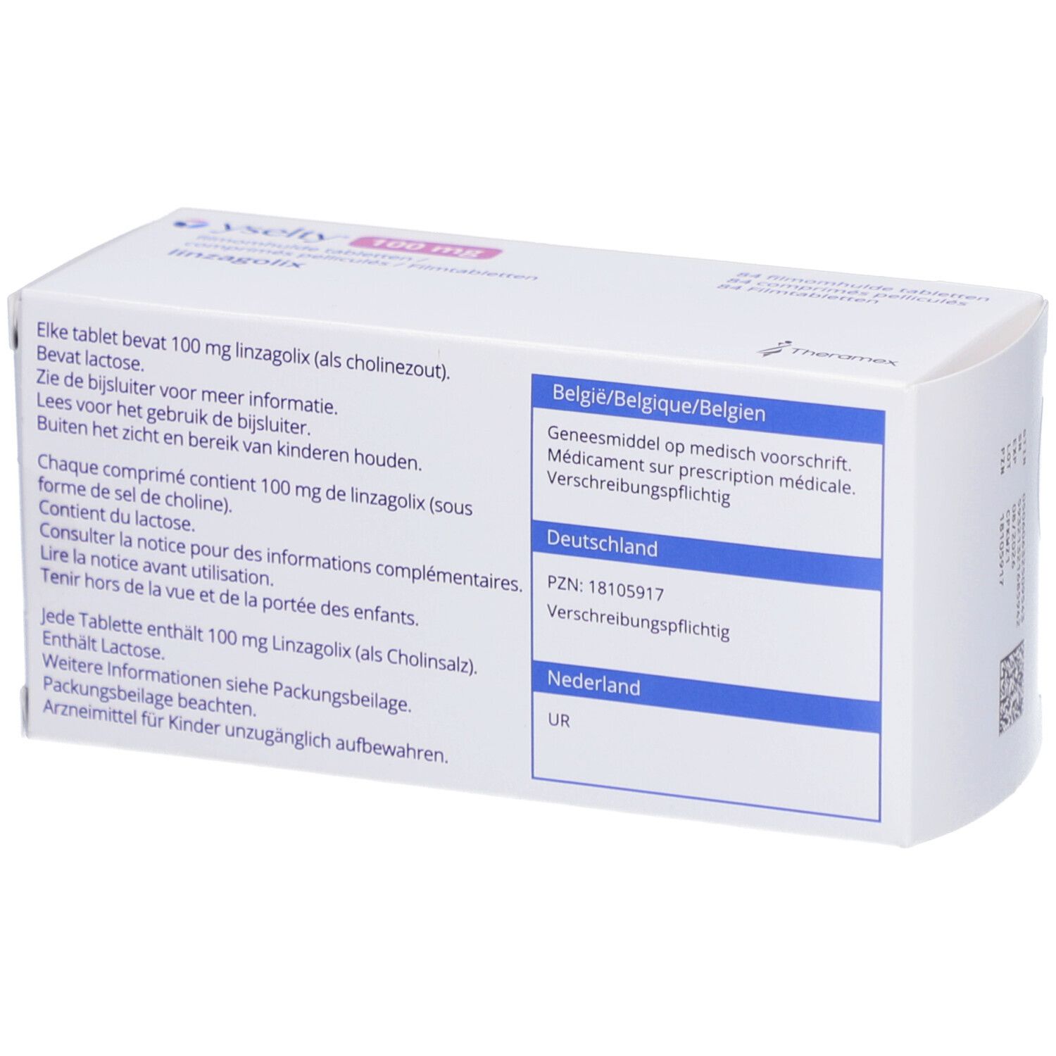 Rückseite der Yselty 100 mg Filmtabletten-Schachtel. Mehrsprachiger Text, Informationen zu Inhaltsstoffen und Dosierung.