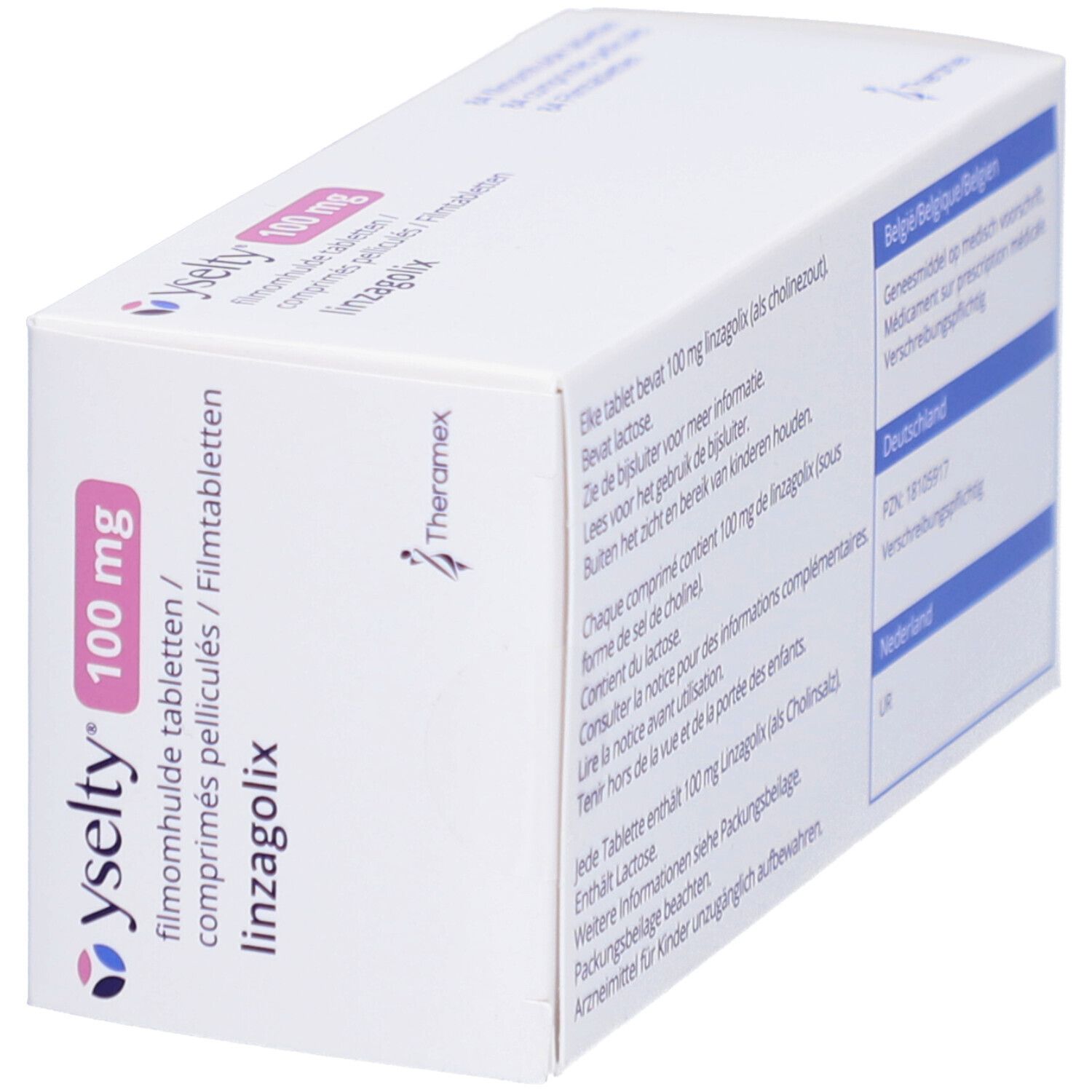 Schachtel Yselty 100 mg Filmtabletten, schräg. Rückseite mit mehrsprachigem Text. Informationen zu Inhaltsstoffen.