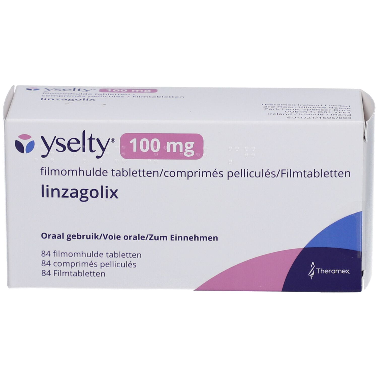 Schachtel mit Yselty 100 mg Filmtabletten. Rosa und blaue Designelemente. Mehrsprachiger Text.