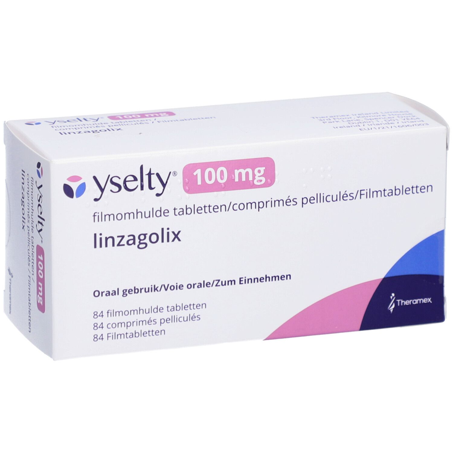 Schachtel mit Yselty 100 mg Filmtabletten. Rosa und blaue Designelemente. Mehrsprachiger Text.
