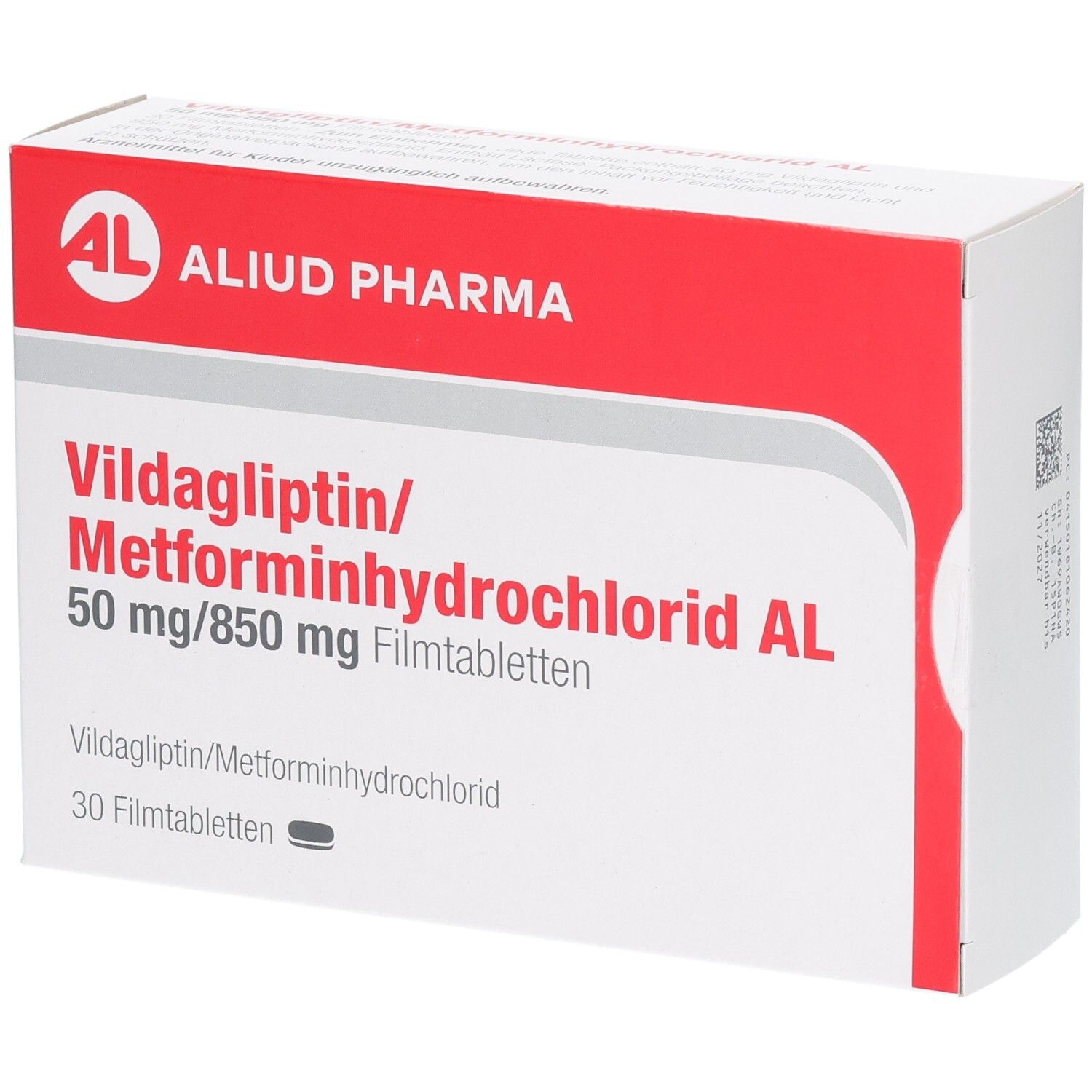 Vildagliptin/Metforminhydrochlorid AL 50mg/850mg Filmtabletten Schachtel, 30 Stück.