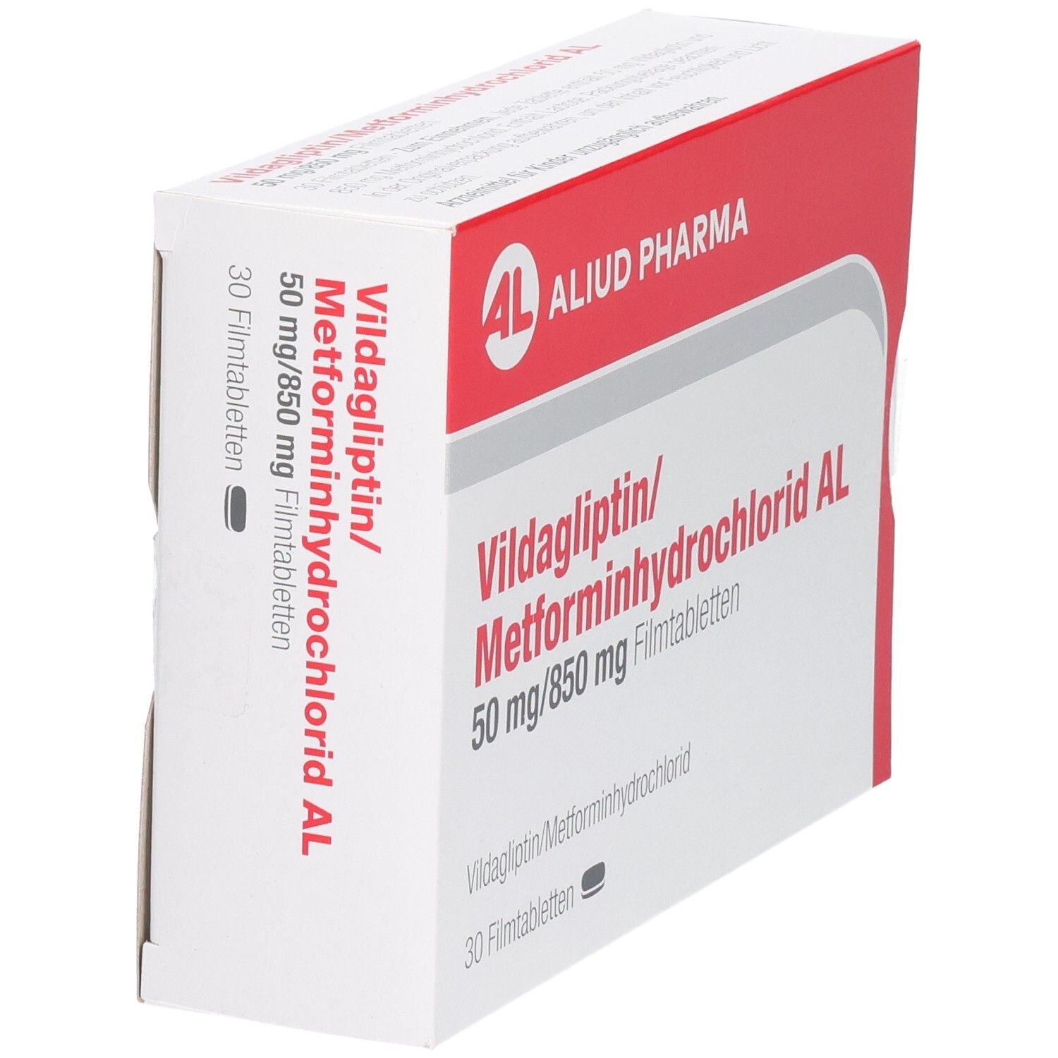 Vildagliptin/Metforminhydrochlorid AL 50mg/850mg Filmtabletten Schachtel, 30 Stück, Seitenansicht.